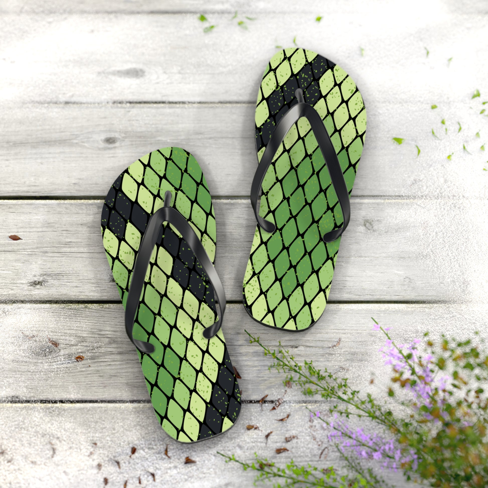 Snake Skin Green and Black Flip Flops, Artsulli - Art is Long, Life is Short, Shoes, , , , , , , 