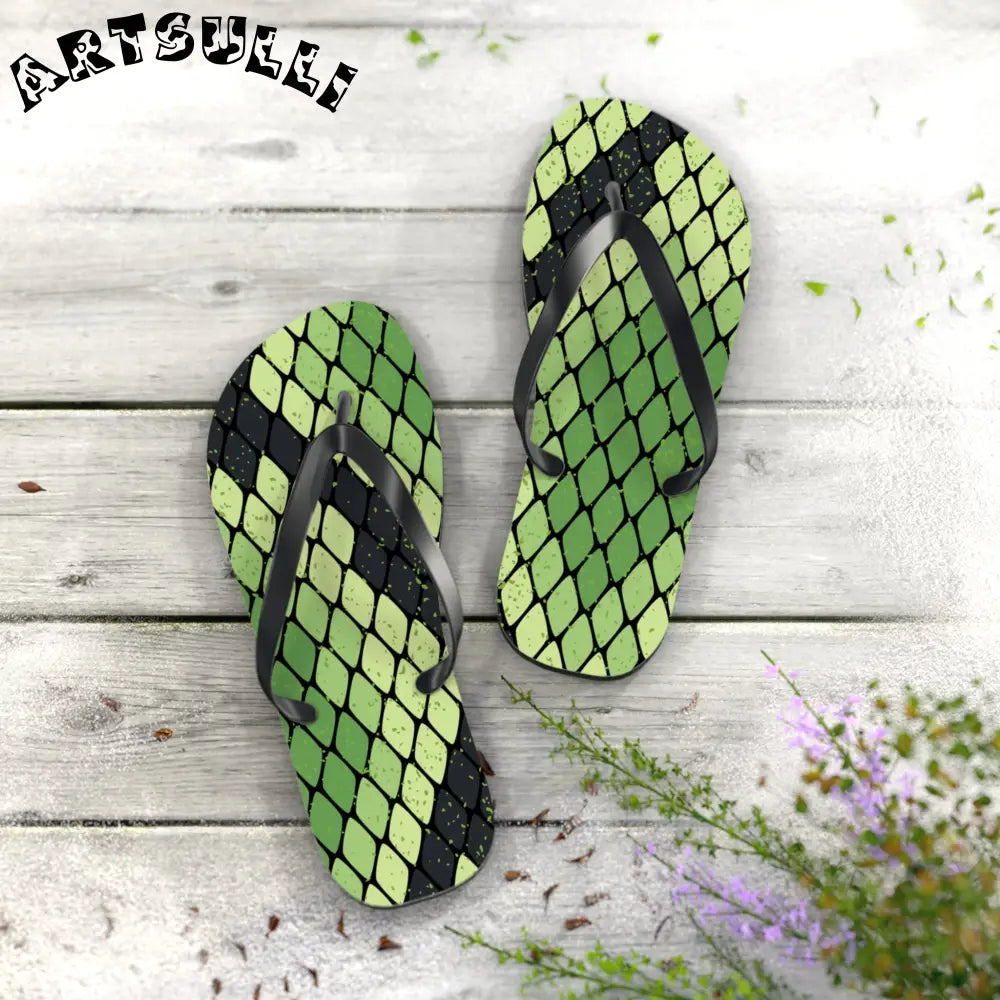 JAKKOUTTHEBXX Snake Skin Green and Black Flip Flops JAKKOUTTHEBXX