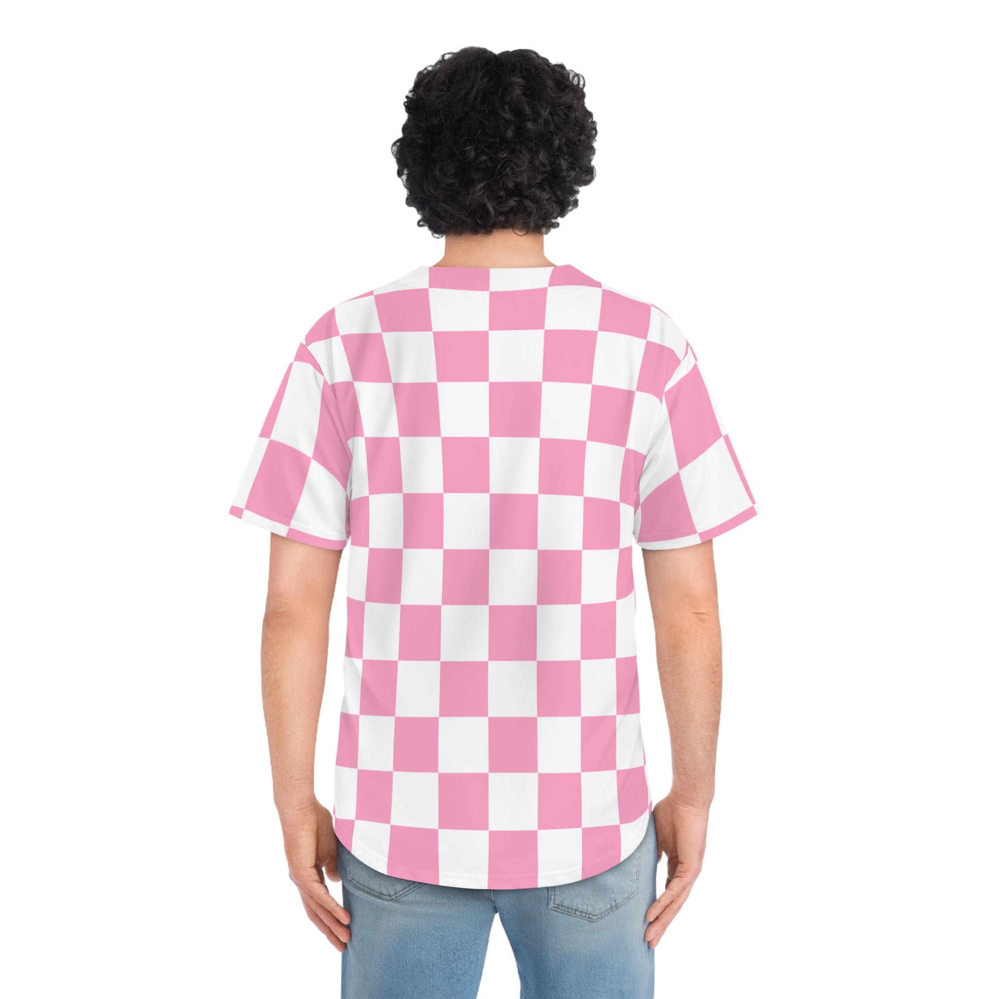 Checkerboard Hot Pink and White Men's Baseball Jersey (AOP), Artsulli - Art is Long, Life is Short, All Over Prints, , , , , , , 