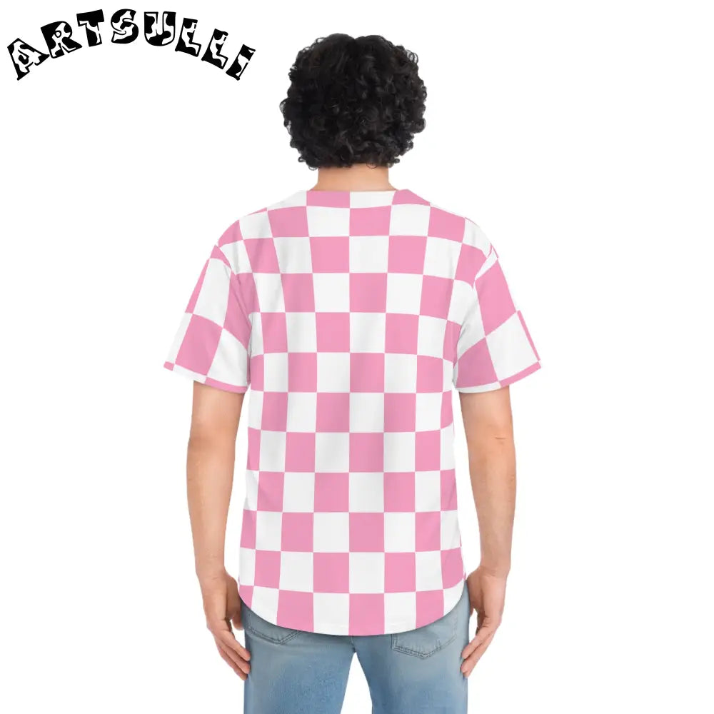 JAKKOUTTHEBXX Checkerboard Hot Pink and White Men’s Baseball Jersey
