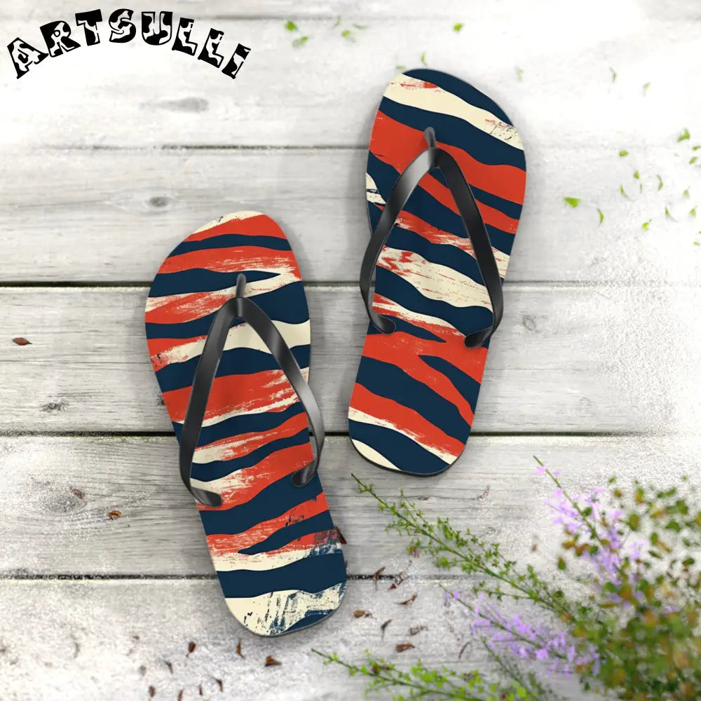 JAKKOUTTHEBXX Red White Blue Abstract Striped Flip Flops