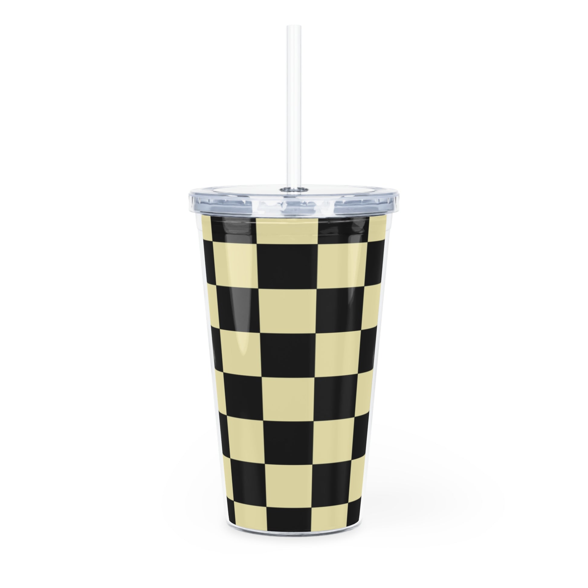 Checkerboard Black and Yellow Plastic Tumbler with Straw, Artsulli - Art is Long, Life is Short, Mug, , , , , , , 