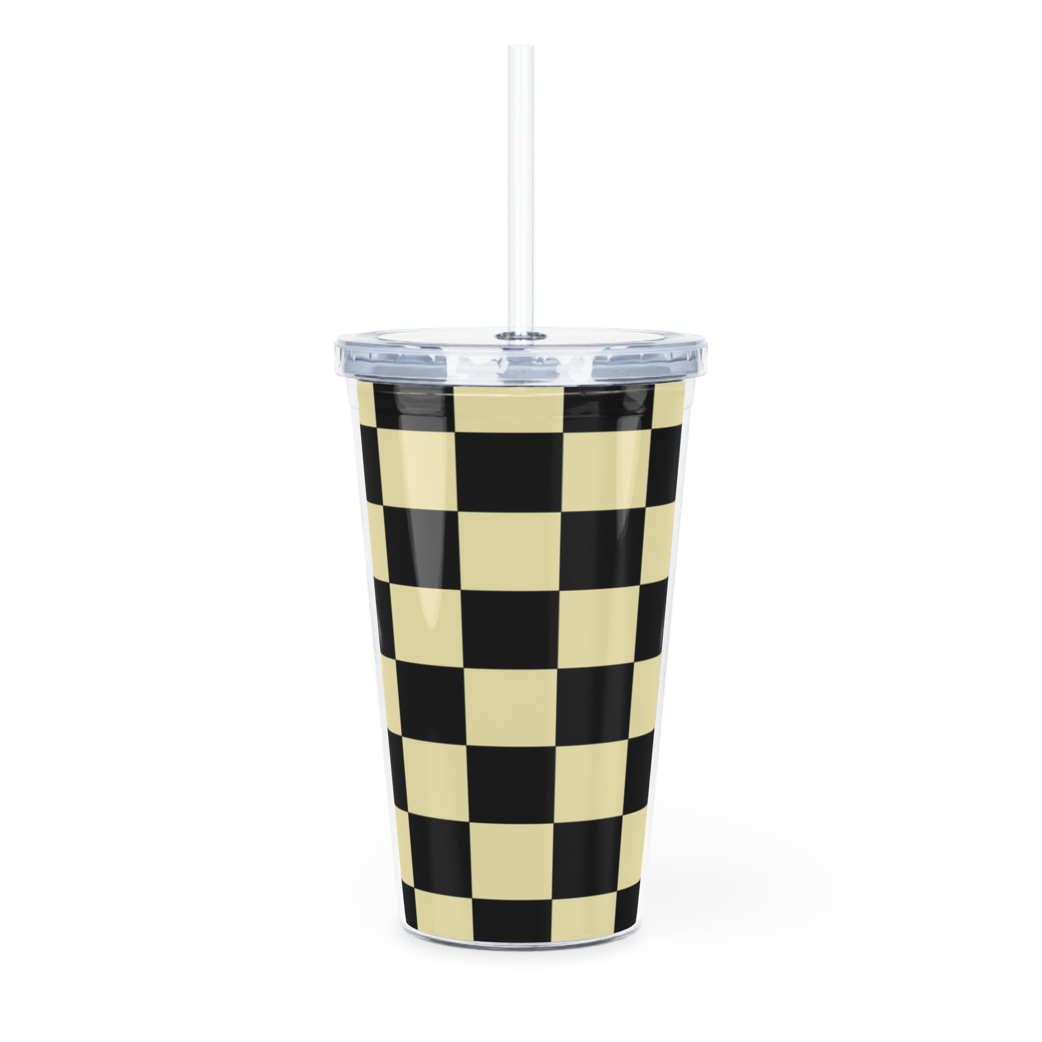 Checkerboard Black and Yellow Plastic Tumbler with Straw, Artsulli - Art is Long, Life is Short, Mug, , , , , , , 