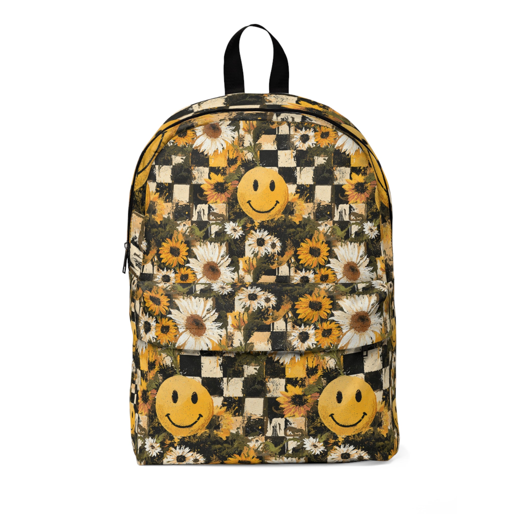 Smiley Face x Checkerboard x Sunflowers x Trippy x Vintage Black and Yellow Unisex Classic Backpack, Artsulli - Art is Long, Life is Short, Bags, Size, One size, , , , , 26641536298906894688