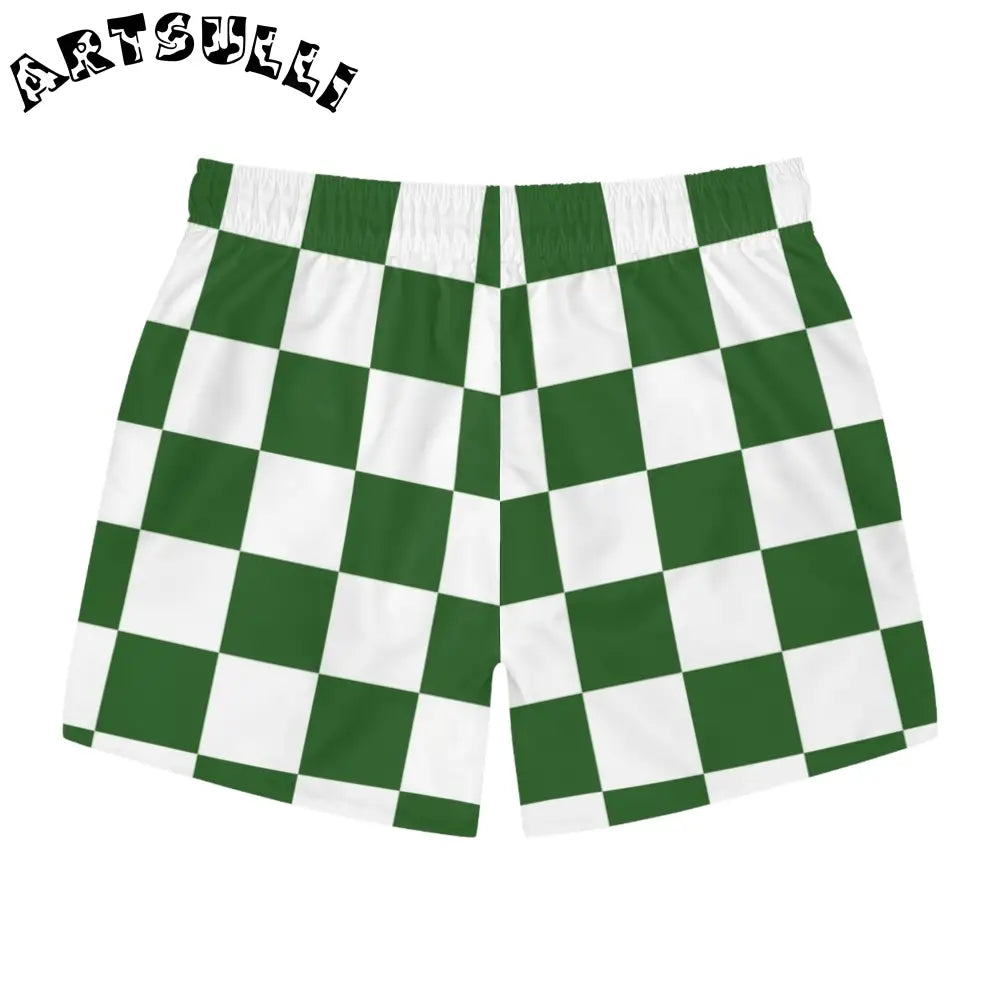 JAKKOUTTHEBXX Checkerboard White and Dark Green Swim Trunks (AOP)