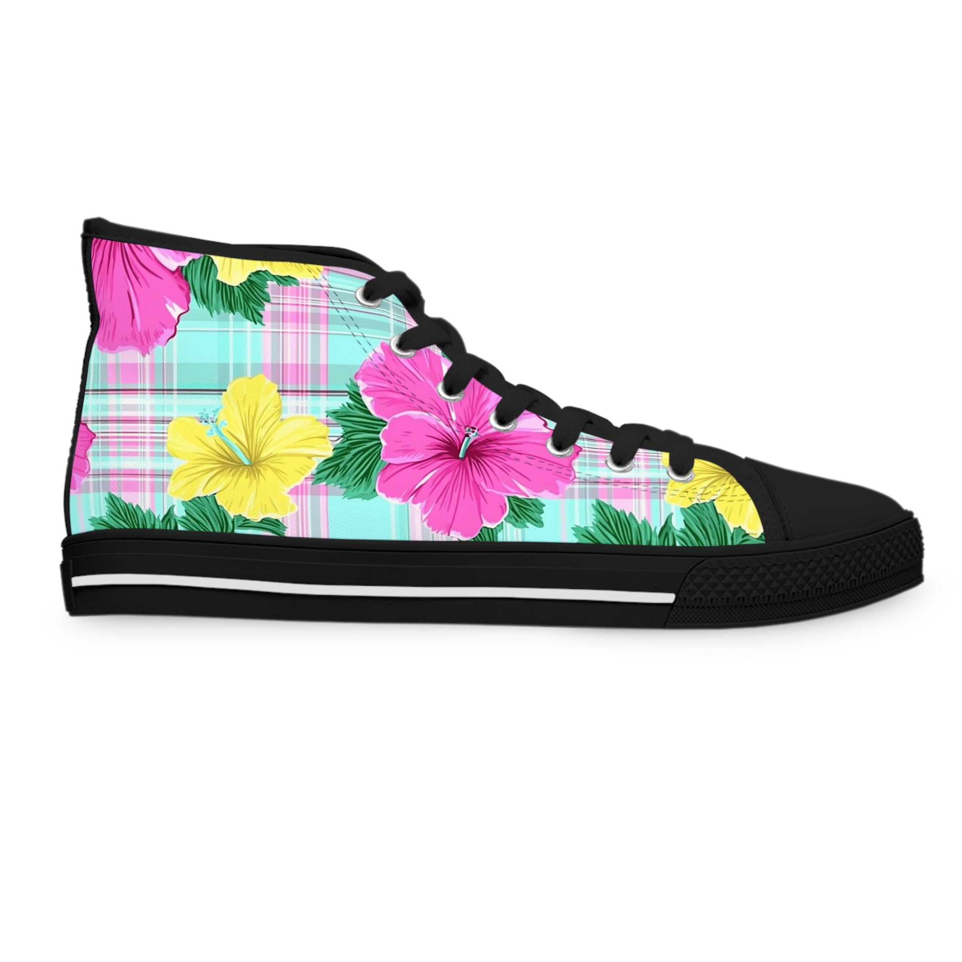 Plaid Hibiscus Pink and Yellow Women's High Top Sneakers, Artsulli - Art is Long, Life is Short, Shoes, , , , , , , 