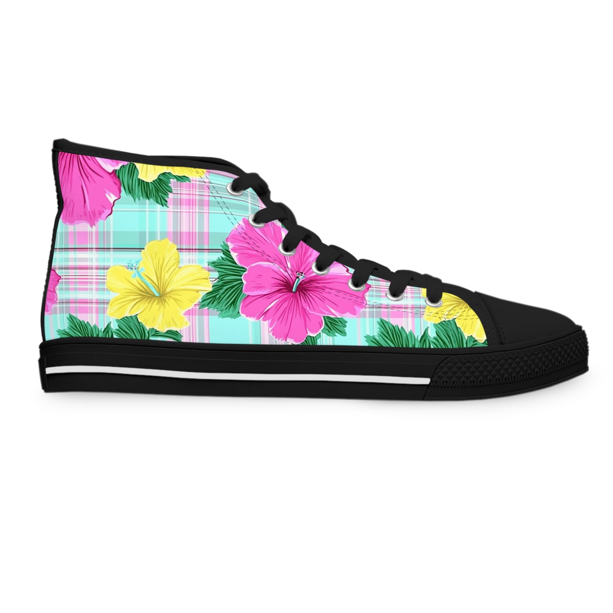 Plaid Hibiscus Pink and Yellow Women's High Top Sneakers, Artsulli - Art is Long, Life is Short, Shoes, , , , , , , 