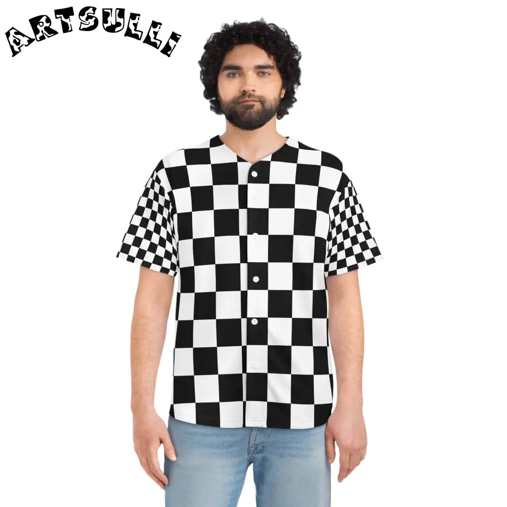 JAKKOUTTHEBXX Checkerboard Black and White Men’s Baseball Jersey
