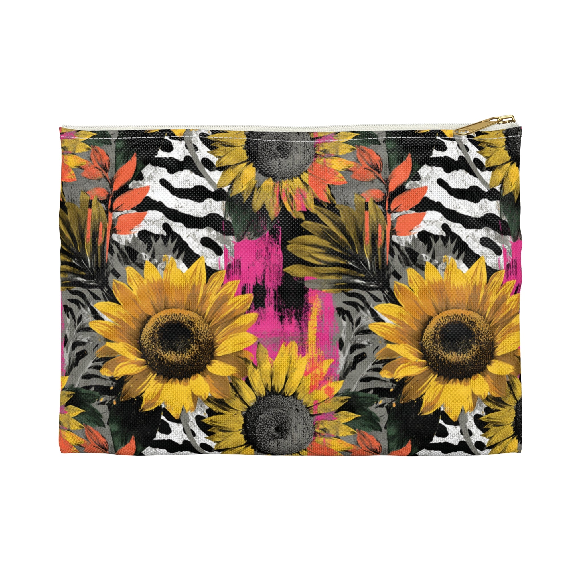Zebra Stripes x Sunflowers Multi-Color Accessory Pouch, Artsulli - Art is Long, Life is Short, Bags, Size, Small, Color, White zipper, , , 27098271266959694011