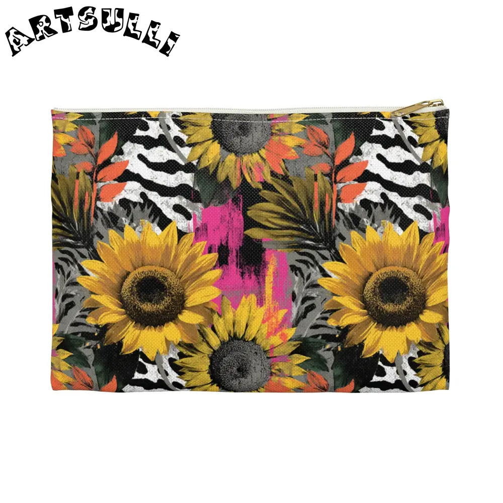 Zebra Stripes x Sunflowers Multi-Color Accessory Pouch, Artsulli - Art is Long, Life is Short, Bags, Size, Small, Color, White zipper, , , 27098271266959694011