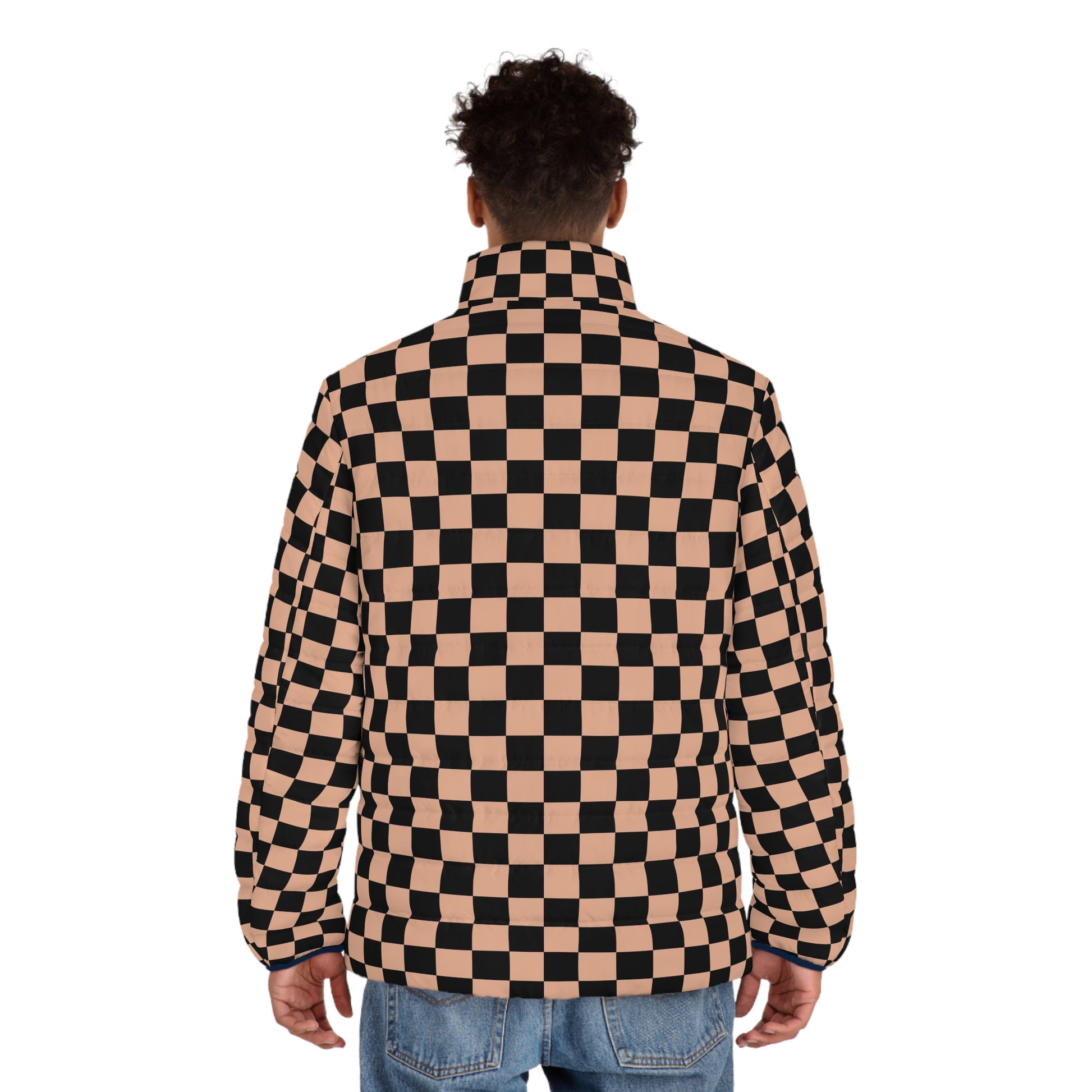 Checkerboard Soft Orange and Black Men's Puffer Jacket (AOP), Artsulli - Art is Long, Life is Short, All Over Prints, , , , , , , 