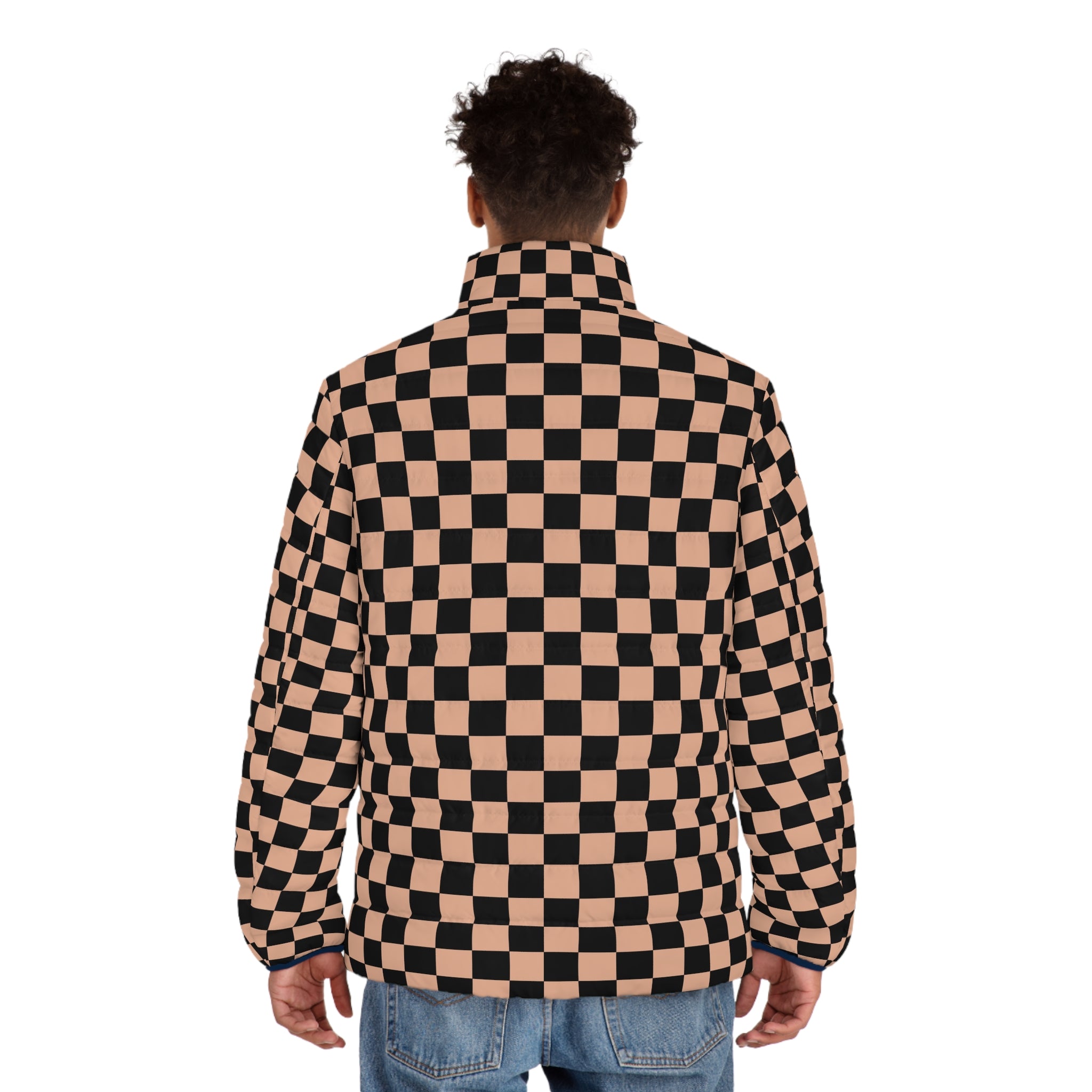 Checkerboard Soft Orange and Black Men's Puffer Jacket (AOP), Artsulli - Art is Long, Life is Short, All Over Prints, , , , , , , 