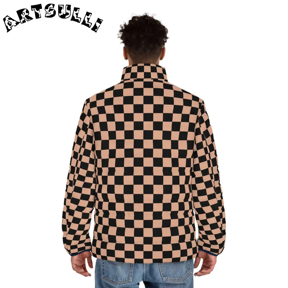 JAKKOUTTHEBXX Checkerboard Soft Orange and Black Men’s Puffer Jacket