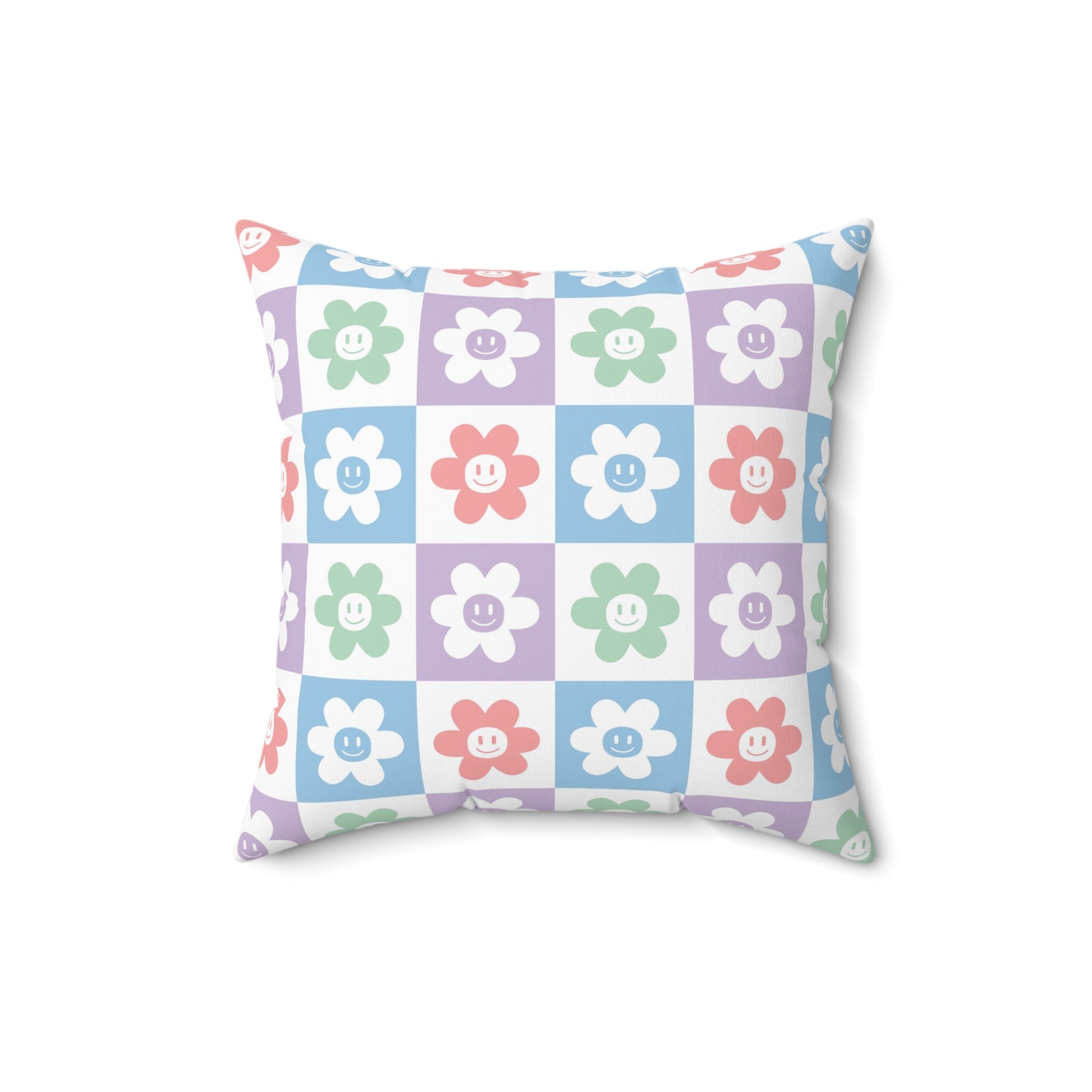 Chessboard x Smiley Face Flowers Multi-Color Spun Polyester Square Pillow, Artsulli - Art is Long, Life is Short, Home Decor, Size, 16" × 16", , , , , 28309839873337242483