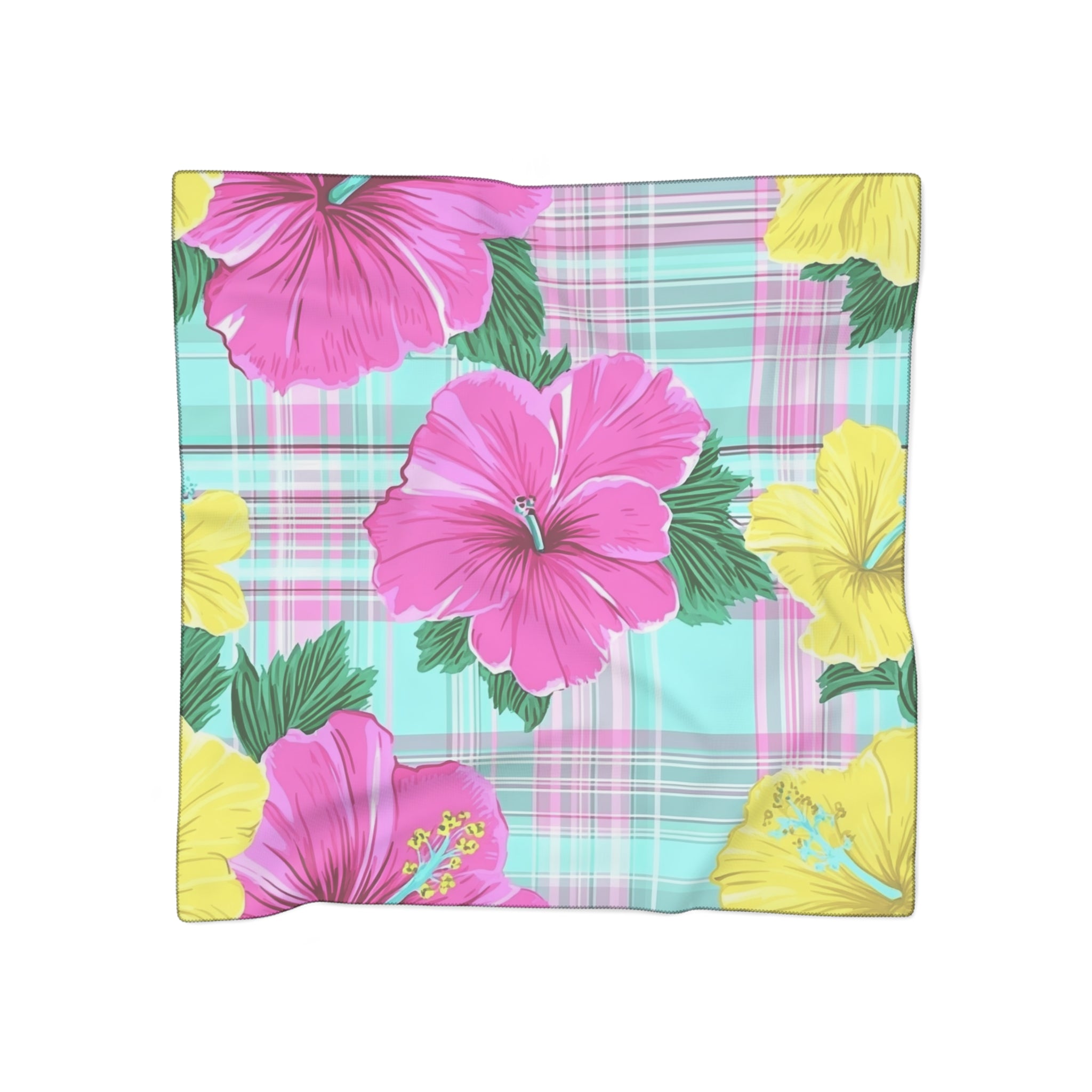 Plaid Hibiscus Pink and Yellow Poly Scarf, Artsulli - Art is Long, Life is Short, Accessories, Color, Poly voile, Size, 25" × 25", , , 12467208846732398656