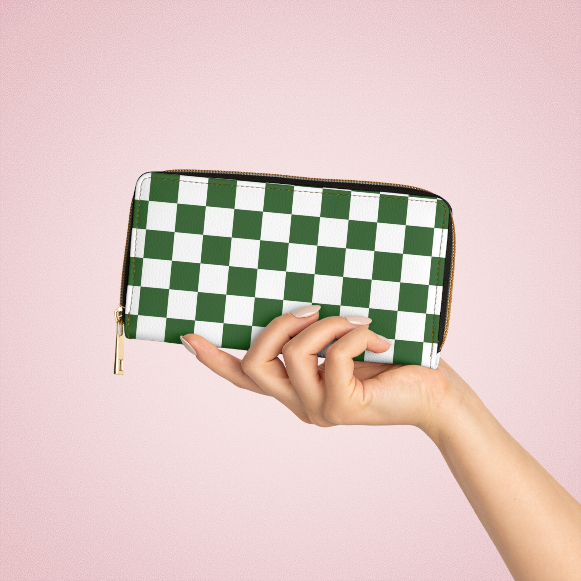 Checkerboard White and Dark Green Zipper Wallet, Artsulli - Art is Long, Life is Short, Accessories, , , , , , , 