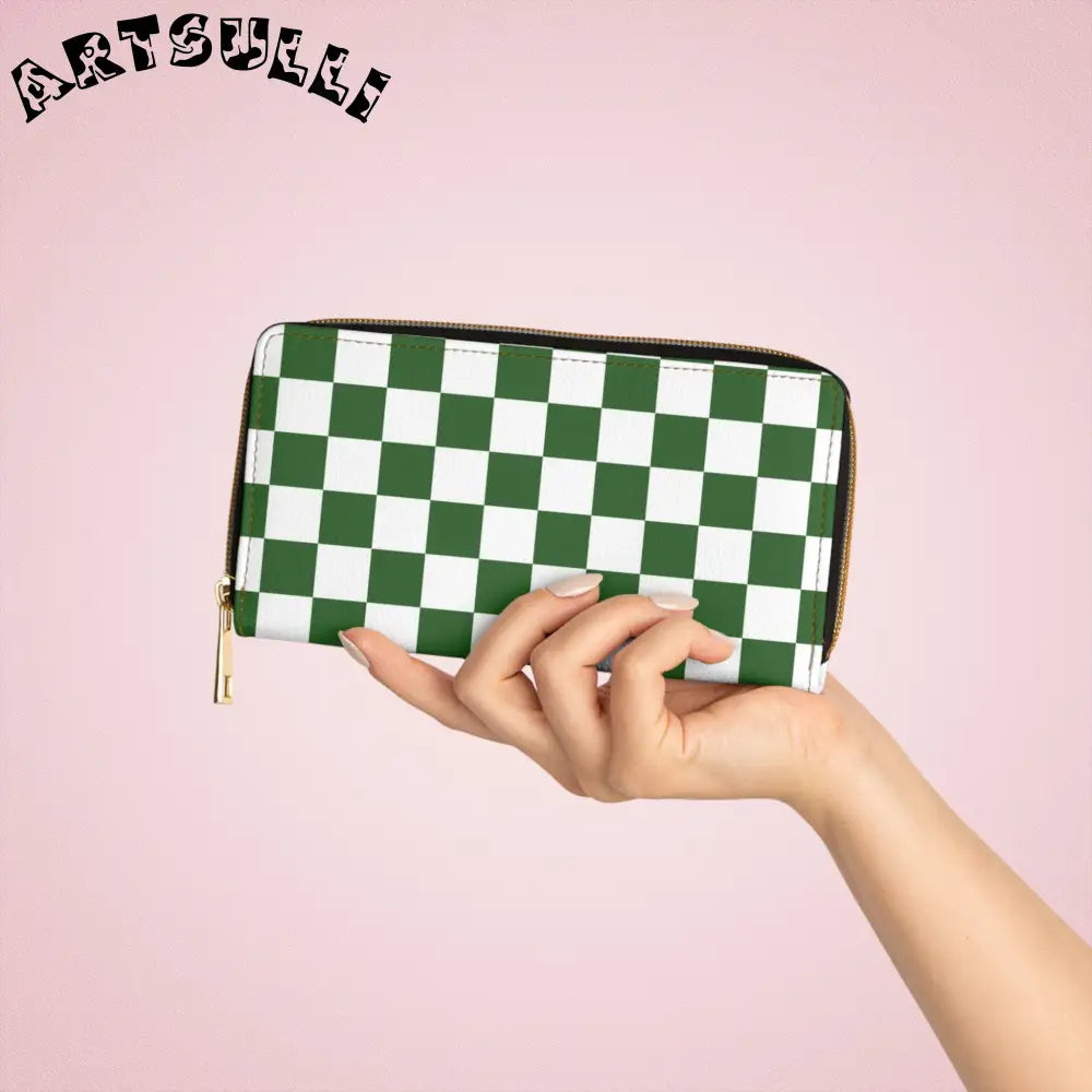 JAKKOUTTHEBXX Checkerboard White and Dark Green Zipper Wallet