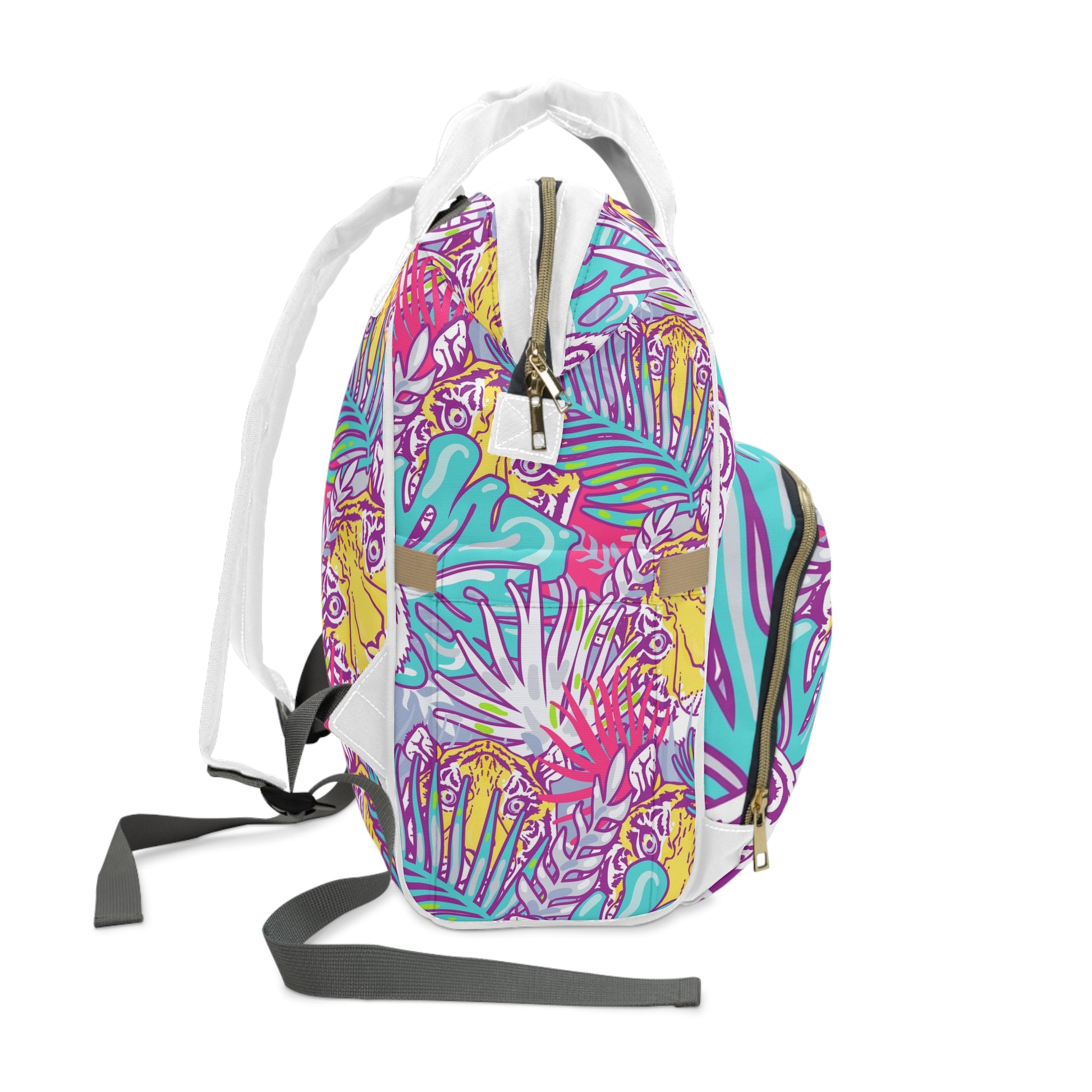 Tropical Floral Tigers Torquise and Purple Multifunctional Diaper Backpack, Artsulli - Art is Long, Life is Short, Bags, , , , , , , 
