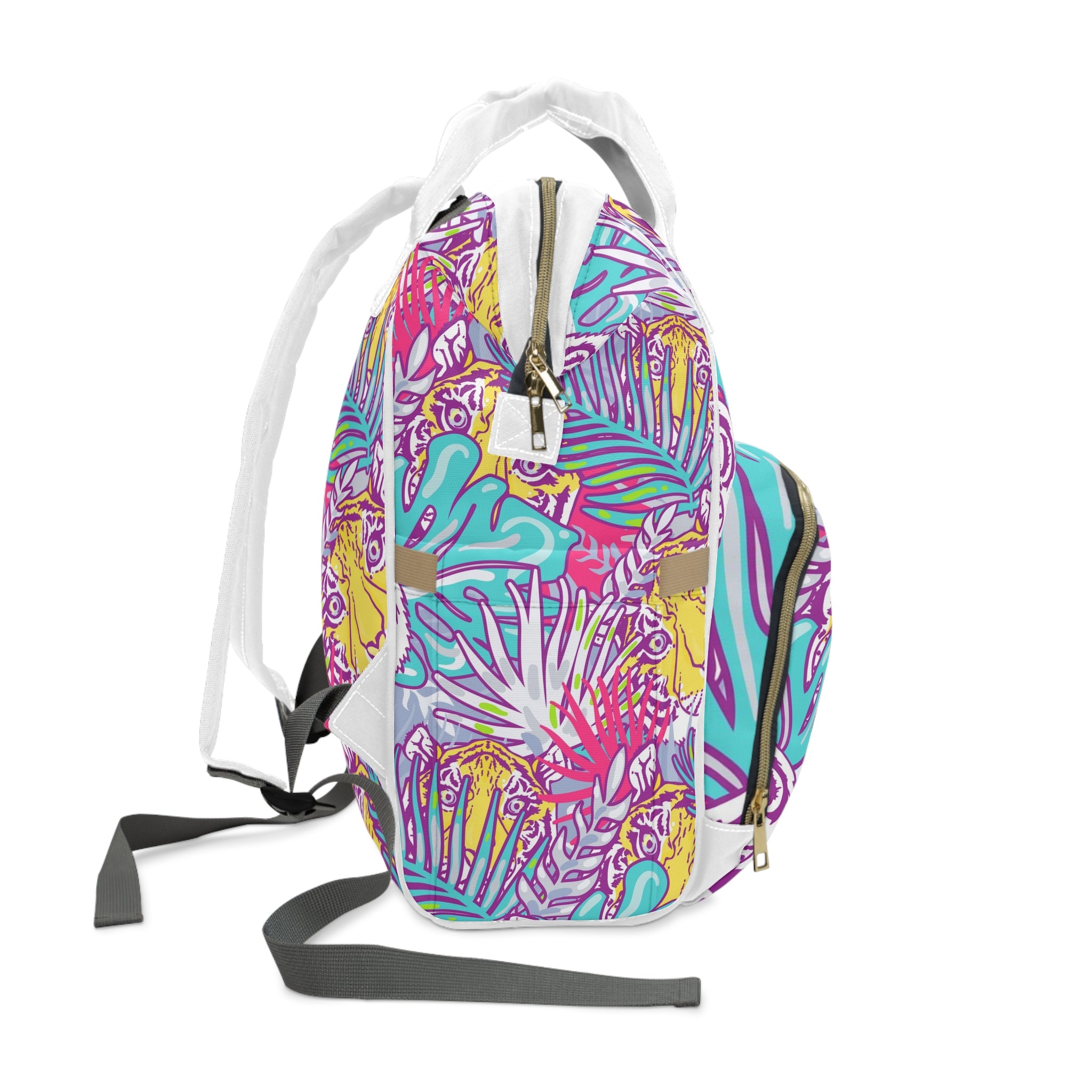 Tropical Floral Tigers Torquise and Purple Multifunctional Diaper Backpack, Artsulli - Art is Long, Life is Short, Bags, , , , , , , 