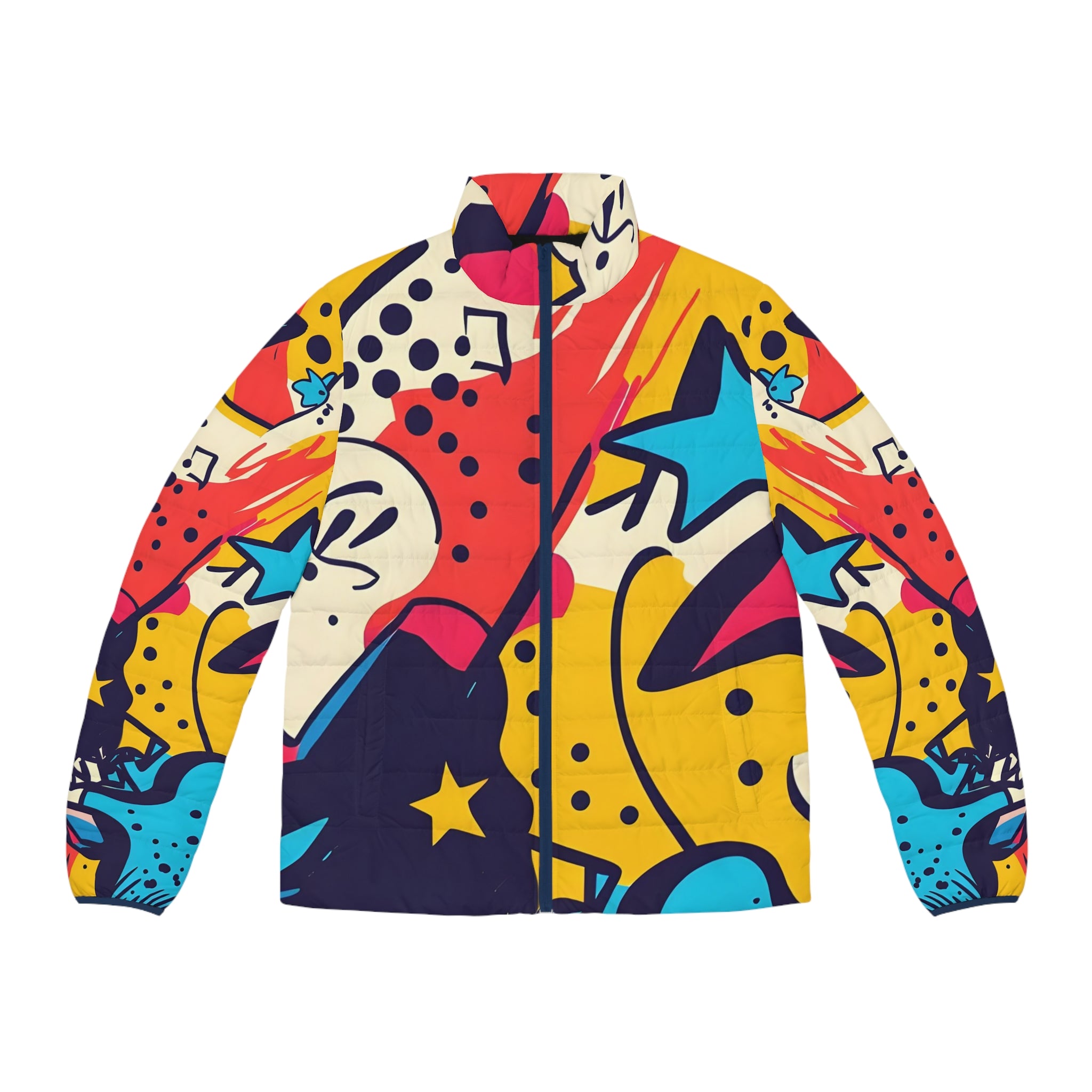 Comic x Pop Art Men's Puffer Jacket (AOP), Artsulli - Art is Long, Life is Short, All Over Prints, Size, S, Color, Dark blue zipper, , , 24772250151488426531
