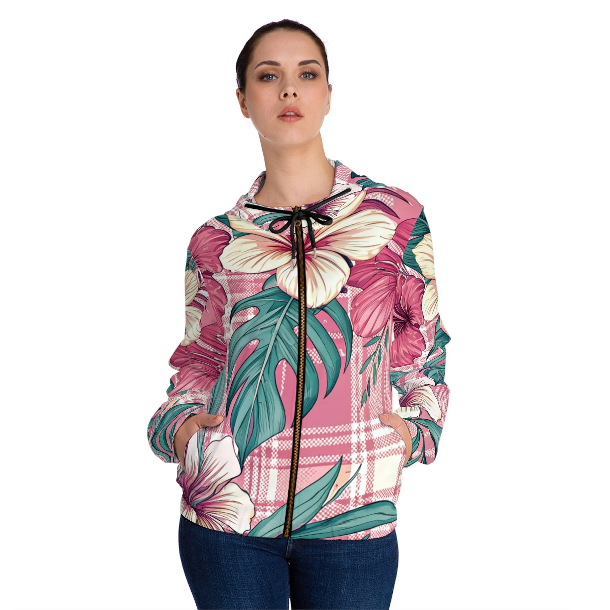 Plaid x Floral Burgundy and Green Women’s Full-Zip Hoodie (AOP), Artsulli - Art is Long, Life is Short, All Over Prints, , , , , , , 