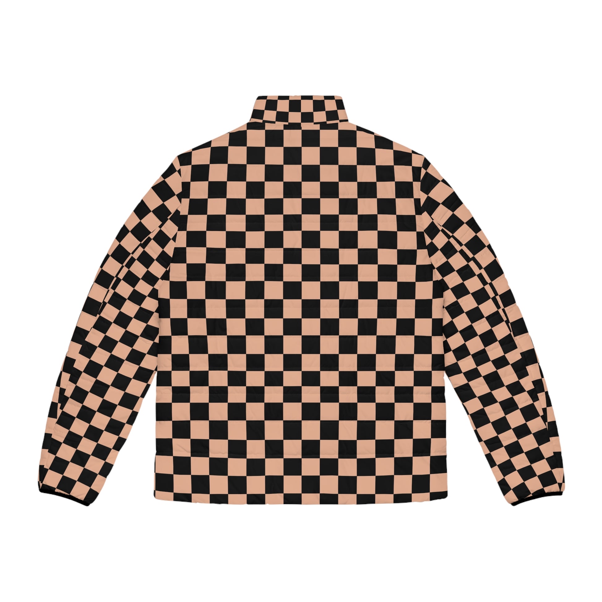 Checkerboard Soft Orange and Black Men's Puffer Jacket (AOP), Artsulli - Art is Long, Life is Short, All Over Prints, , , , , , , 