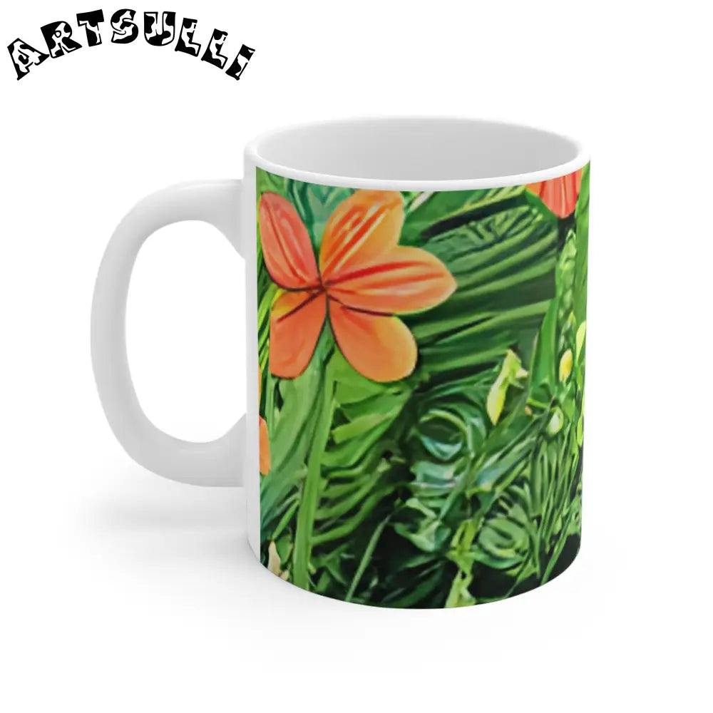 JAKKOUTTHEBXX Vibrant Green and Red Floral Ceramic Mug art work