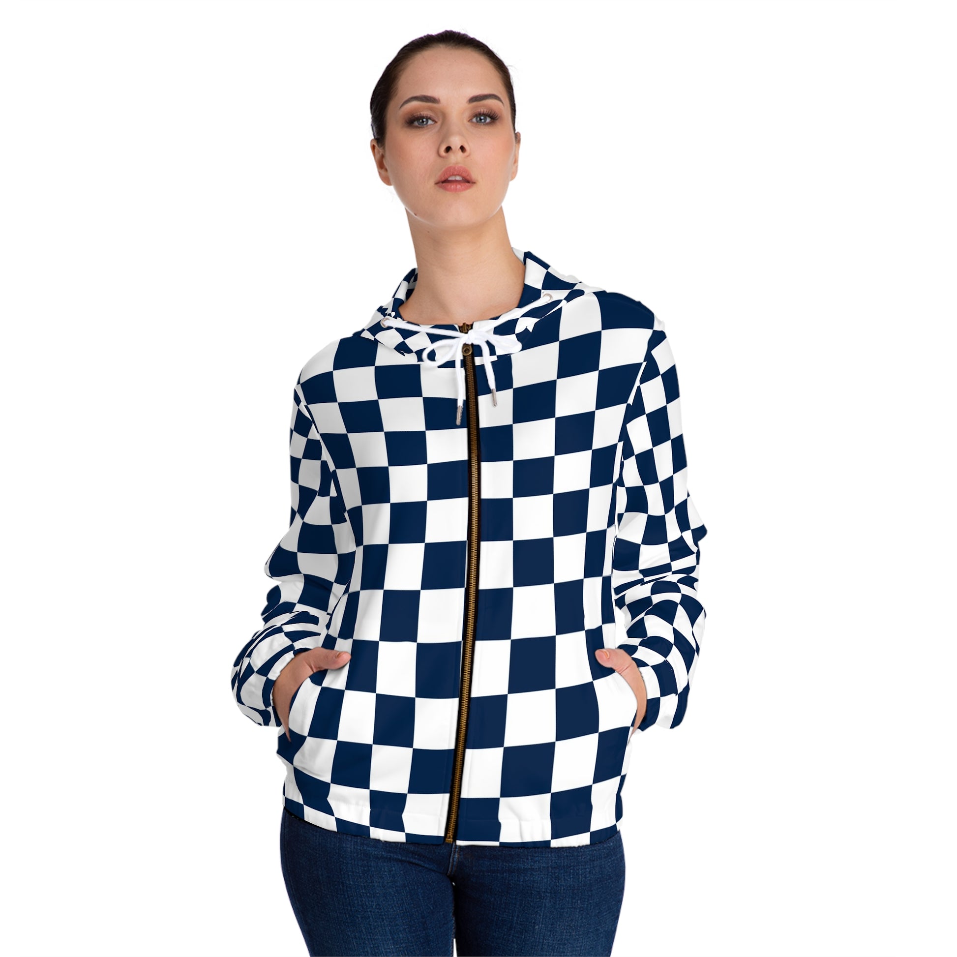 Checkerboard White and Navy Blue Women’s Full-Zip Hoodie (AOP), Artsulli - Art is Long, Life is Short, All Over Prints, , , , , , , 