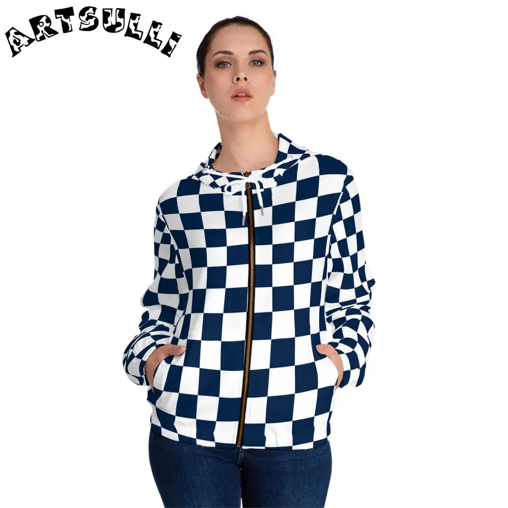 JAKKOUTTHEBXX Checkerboard White and Navy Blue Women’s Full-Zip