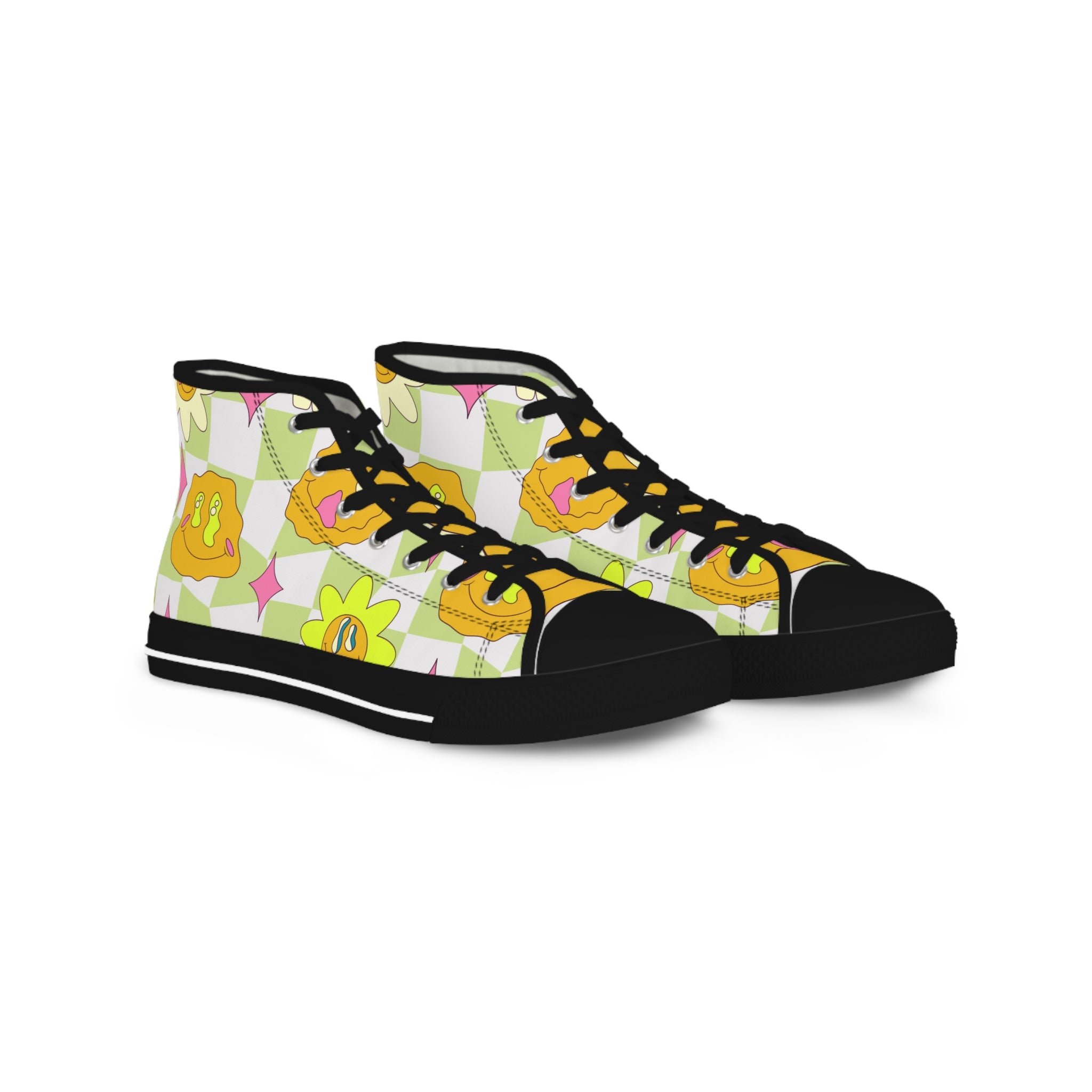 Sunflower x Checkerboard Trippy Men's High Top Sneakers, Artsulli - Art is Long, Life is Short, Shoes, Size, US 5, Color, Black sole, , , 12023677043394