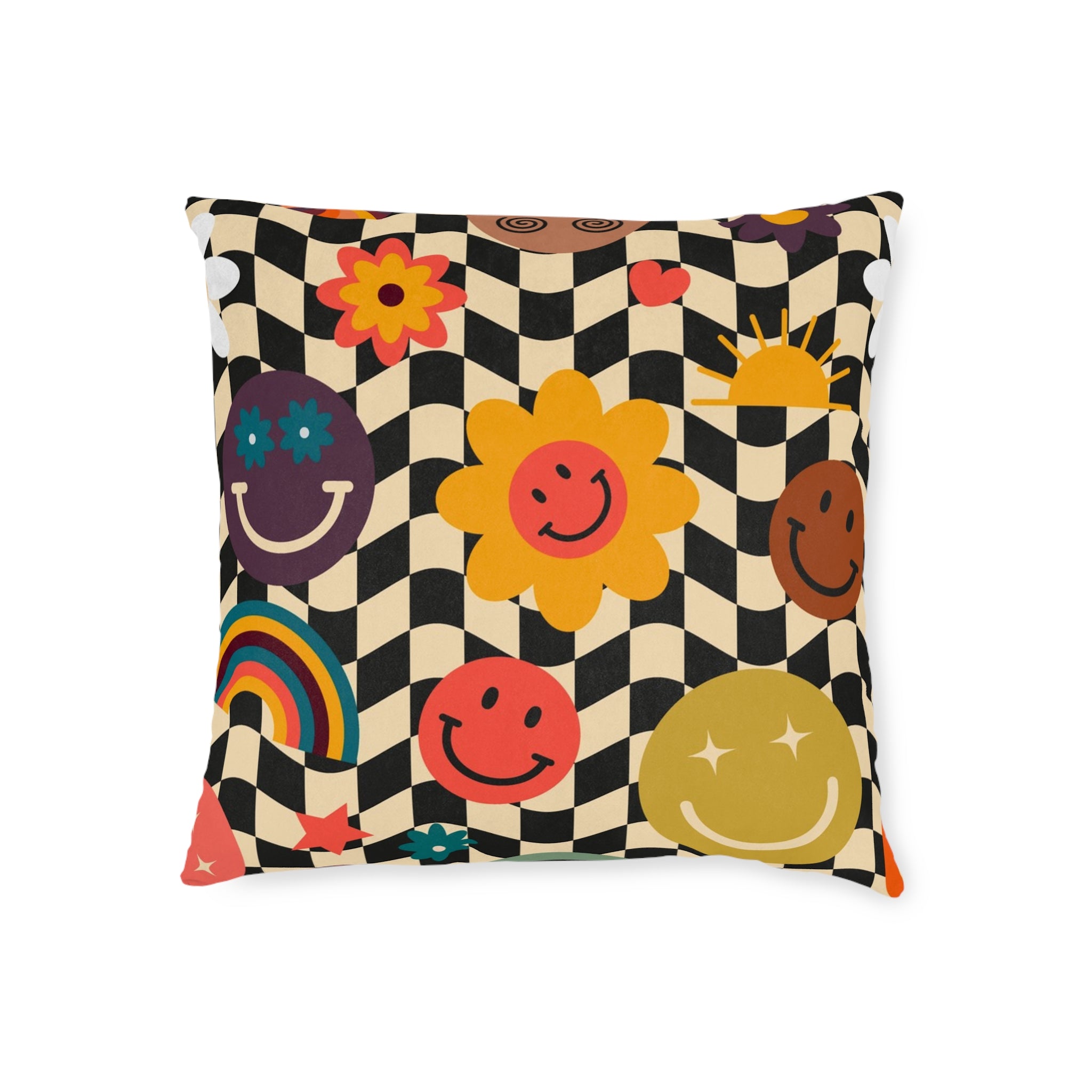 Trippy x Wavy Checkerboard x Smiley Face x Rainbow x Flowers Multi-Color Square Pillow, Artsulli - Art is Long, Life is Short, Home Decor, , , , , , , 