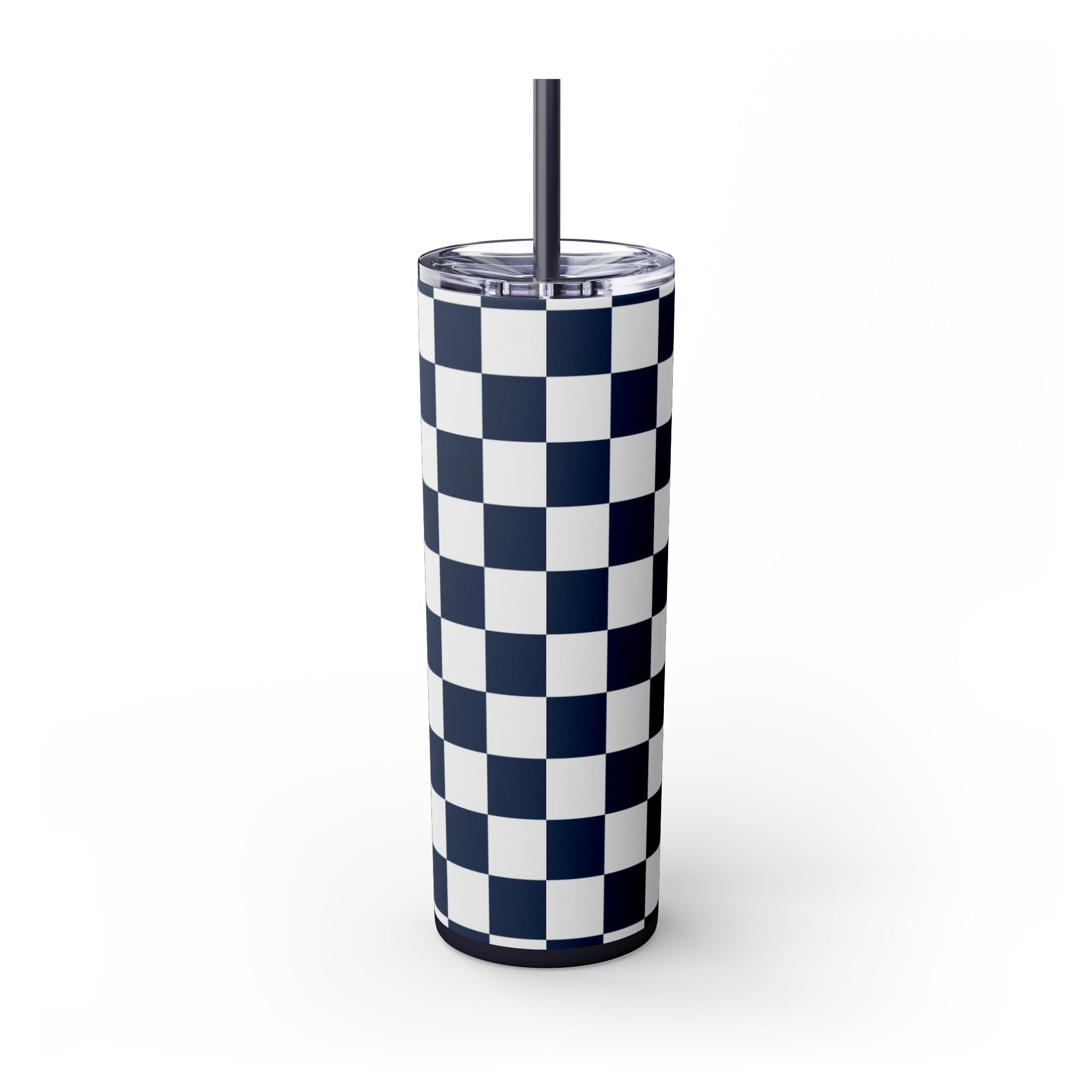 Checkerboard White and Navy Blue Skinny Tumbler with Straw, 20oz, Artsulli - Art is Long, Life is Short, Mug, , , , , , , 