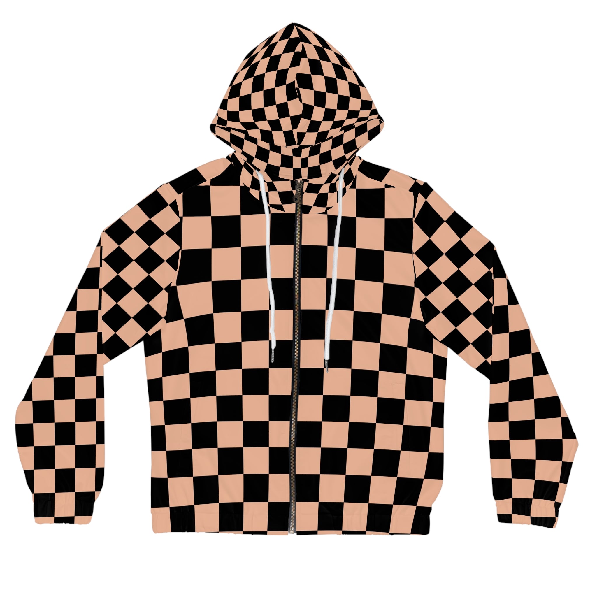 Checkerboard Soft Orange and Black Women’s Full-Zip Hoodie (AOP), Artsulli - Art is Long, Life is Short, All Over Prints, Size, XS, Color, White, , , 27438911753141950419