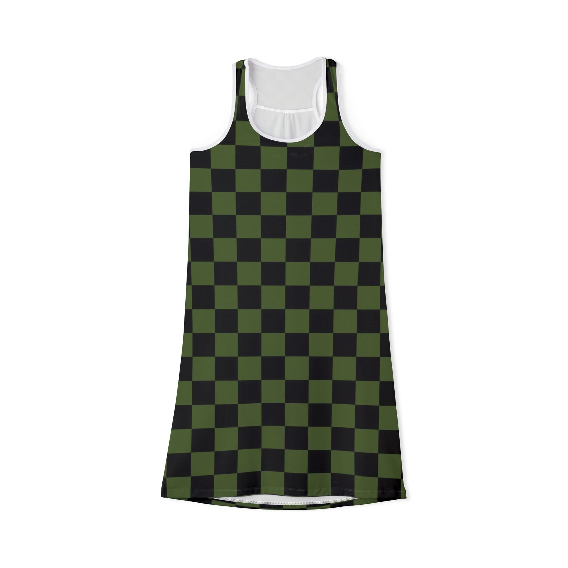 Checkerboard Olive Green and Black Women's Racerback Dress (AOP), Artsulli - Art is Long, Life is Short, Tank Top, Size, XS, Color, White, , , 16887450665389508795