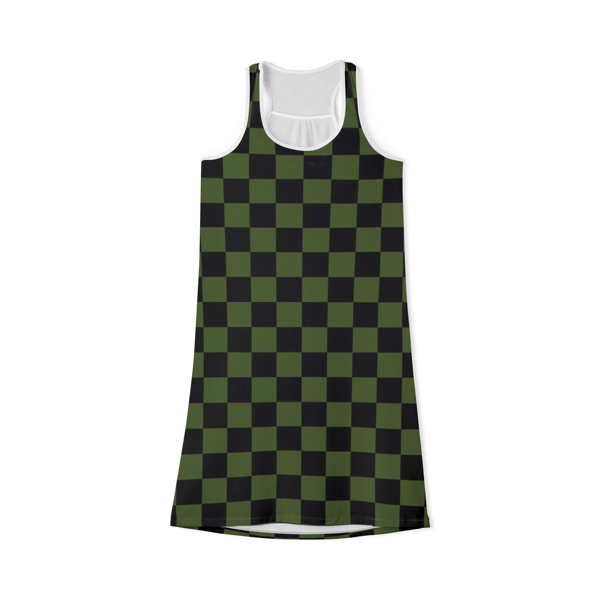 Checkerboard Olive Green and Black Women's Racerback Dress (AOP), Artsulli - Art is Long, Life is Short, Tank Top, Size, XS, Color, White, , , 16887450665389508795