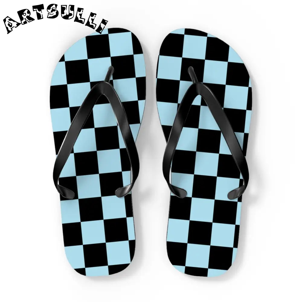 JAKKOUTTHEBXX Checkerboard Black and Blue Flip Flops JAKKOUTTHEBXX