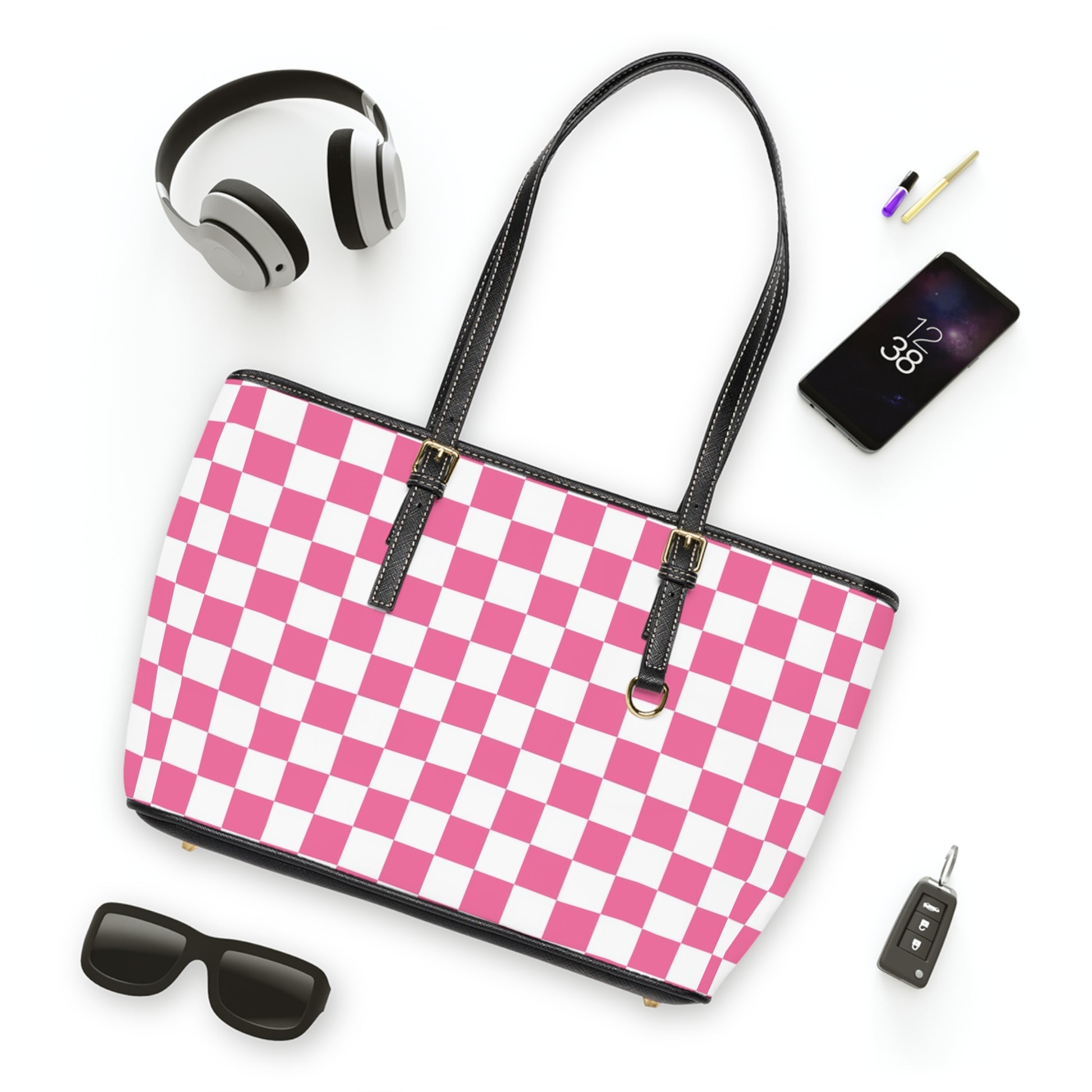 Yuyushiki Pink Check PU Leather Shoulder Bag, Artsulli - Art is Long, Life is Short, Bags, , , , , , , 