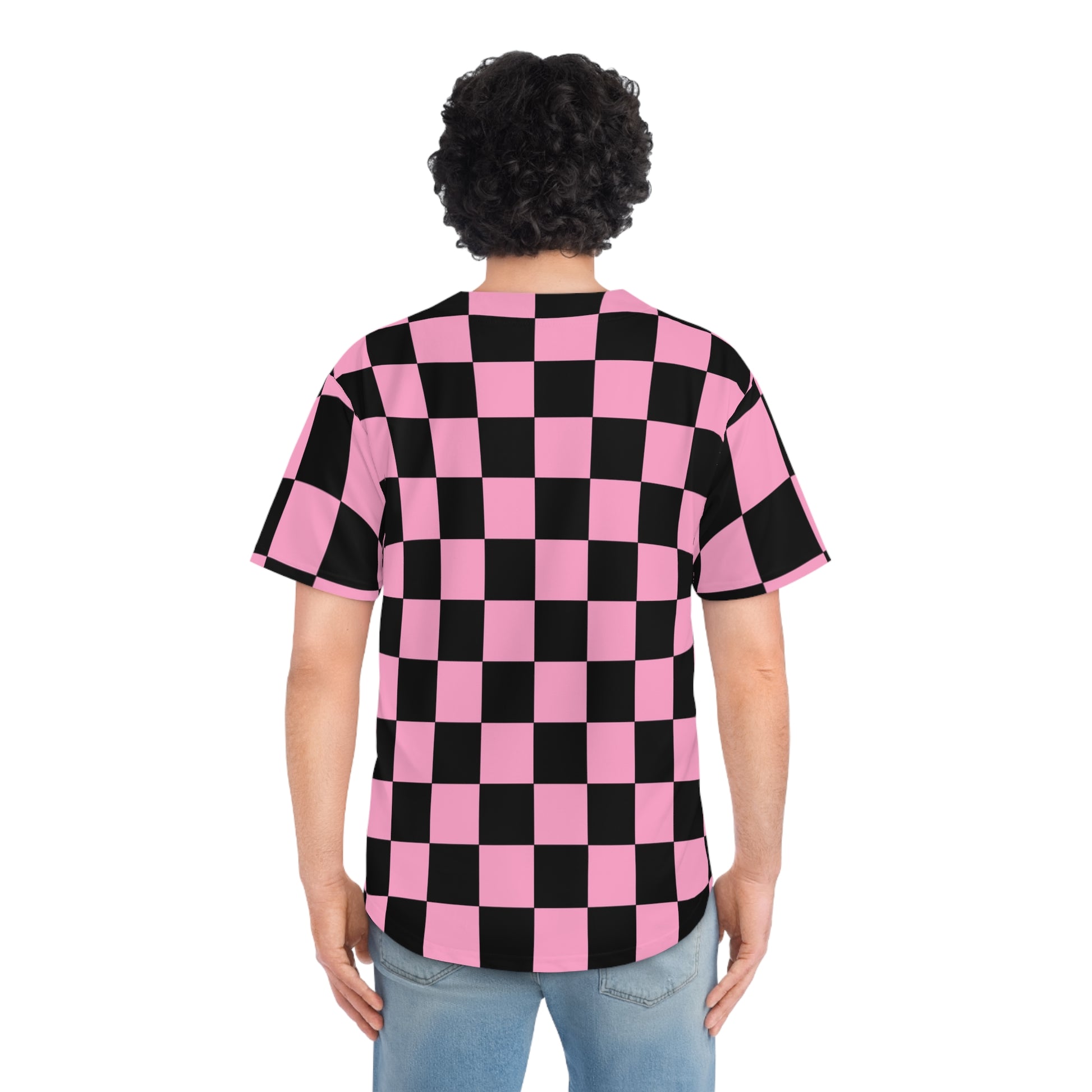 Checkerboard Black and Pink Men's Baseball Jersey (AOP), Artsulli - Art is Long, Life is Short, All Over Prints, , , , , , , 