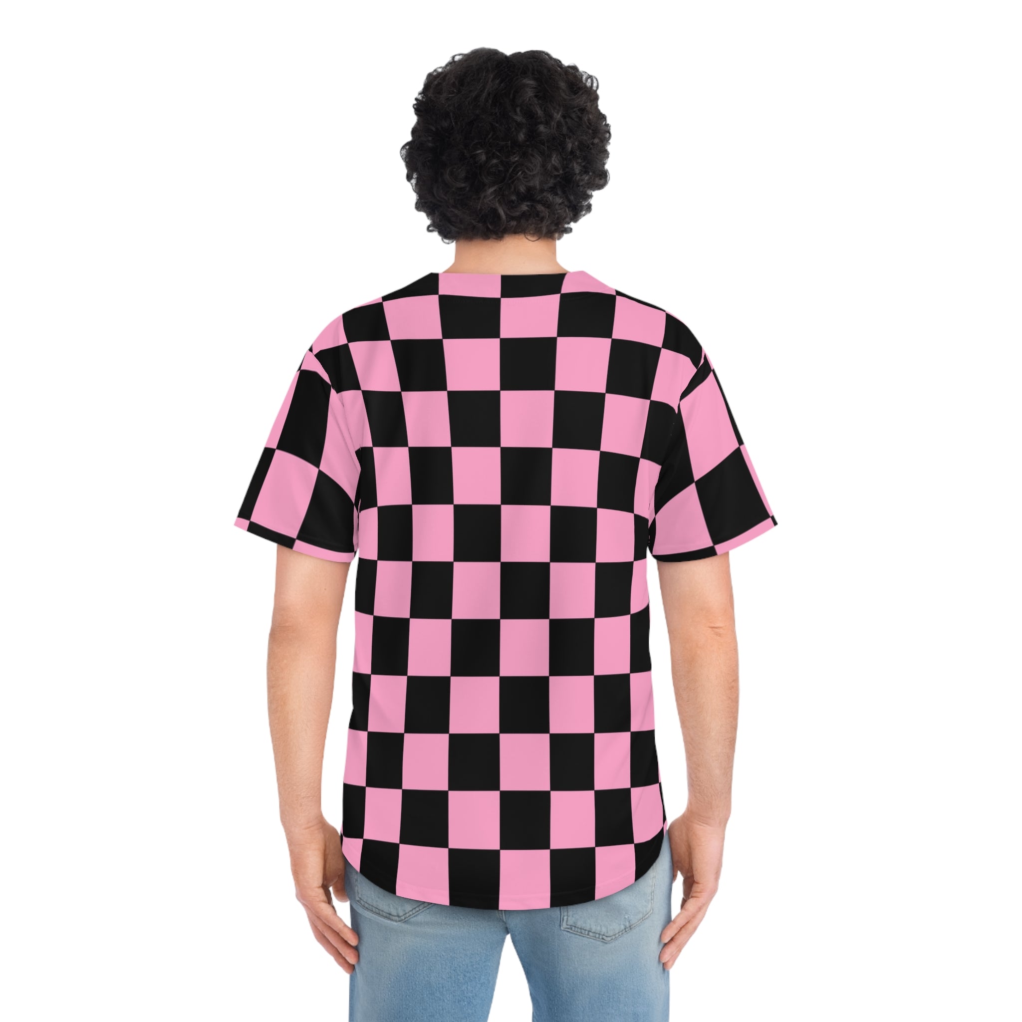 Checkerboard Black and Pink Men's Baseball Jersey (AOP), Artsulli - Art is Long, Life is Short, All Over Prints, , , , , , , 