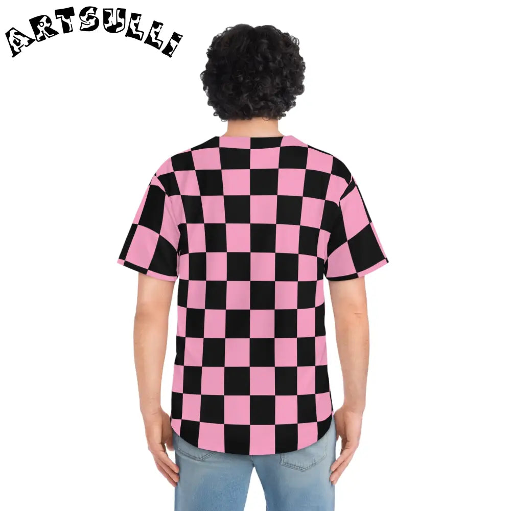 JAKKOUTTHEBXX Checkerboard Black and Pink Men’s Baseball Jersey