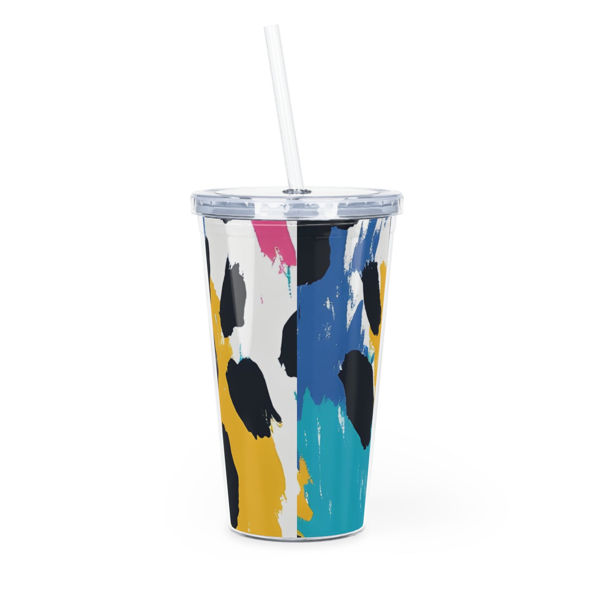 Leopard Print x Paint Brush Strokes Multi-Color Plastic Tumbler with Straw, Artsulli - Art is Long, Life is Short, Mug, , , , , , , 