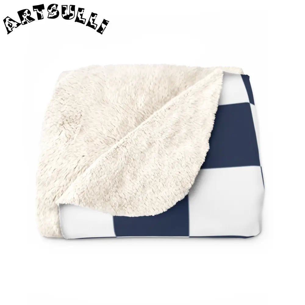 JAKKOUTTHEBXX Checkerboard White and Navy Blue Sherpa Fleece Blanket