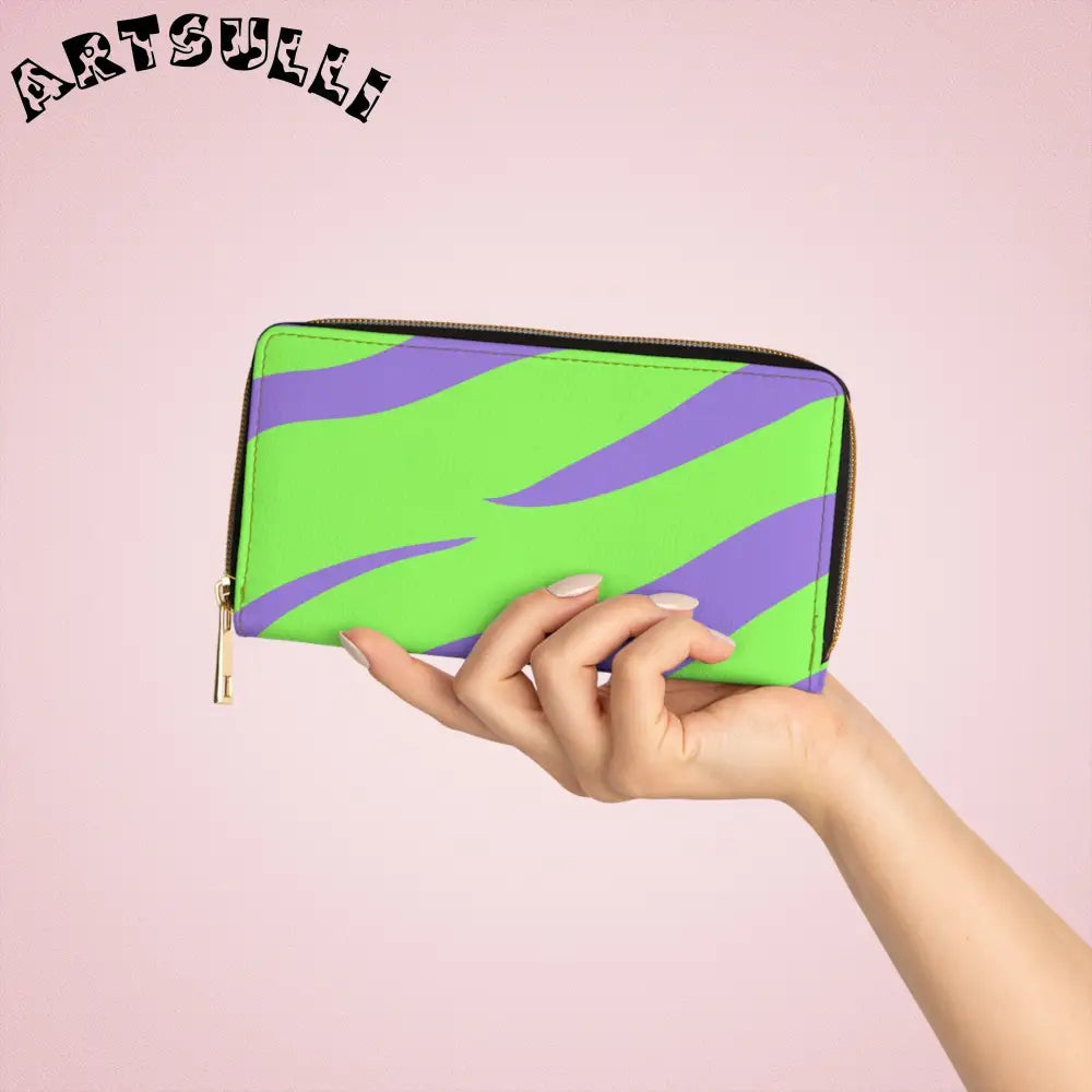 JAKKOUTTHEBXX Tyrannosaurus Print Green and Purple Zipper Wallet