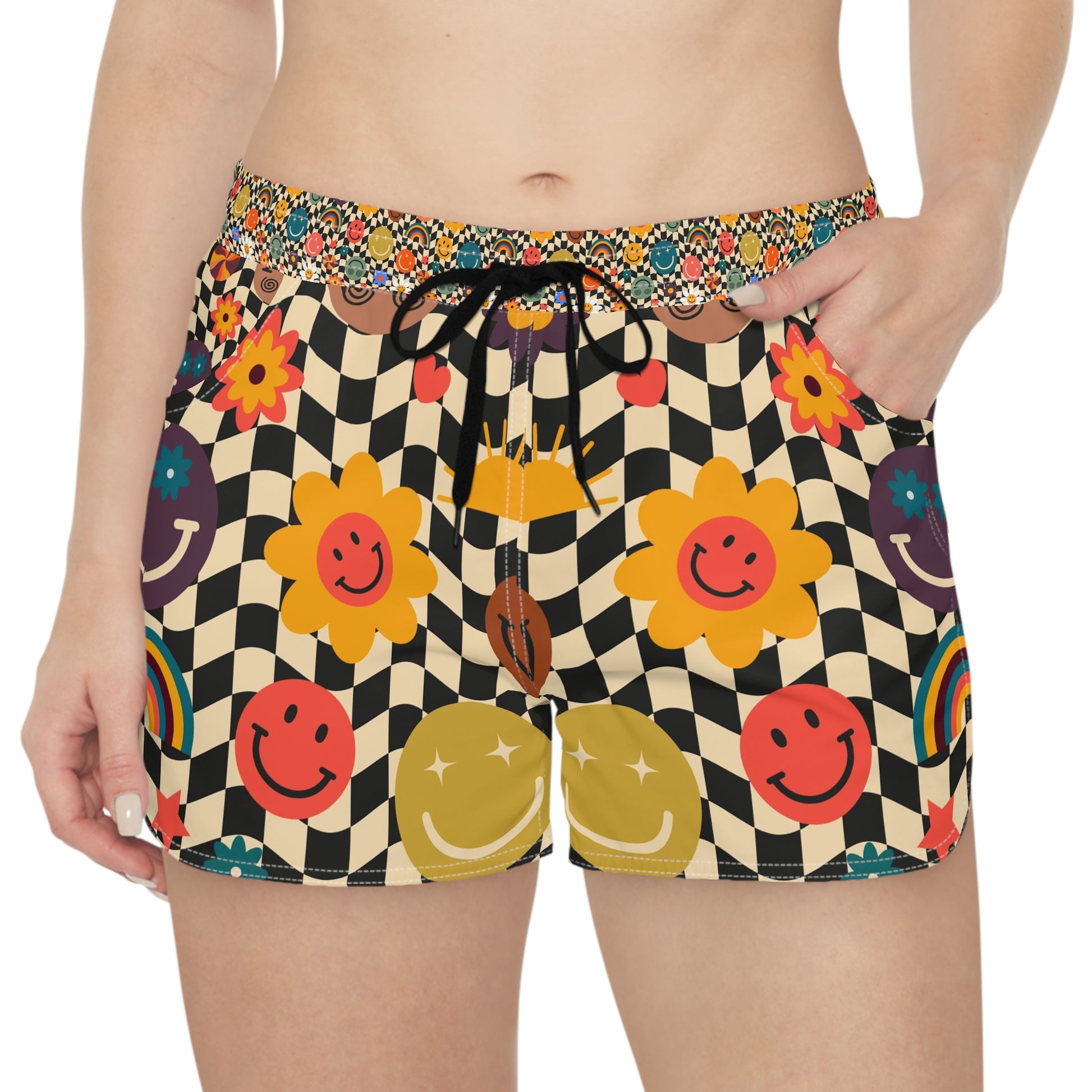 Trippy x Wavy Checkerboard x Smiley Face x Rainbow x Flowers Multi-Color Women's Casual Shorts (AOP), Artsulli - Art is Long, Life is Short, All Over Prints, , , , , , , 