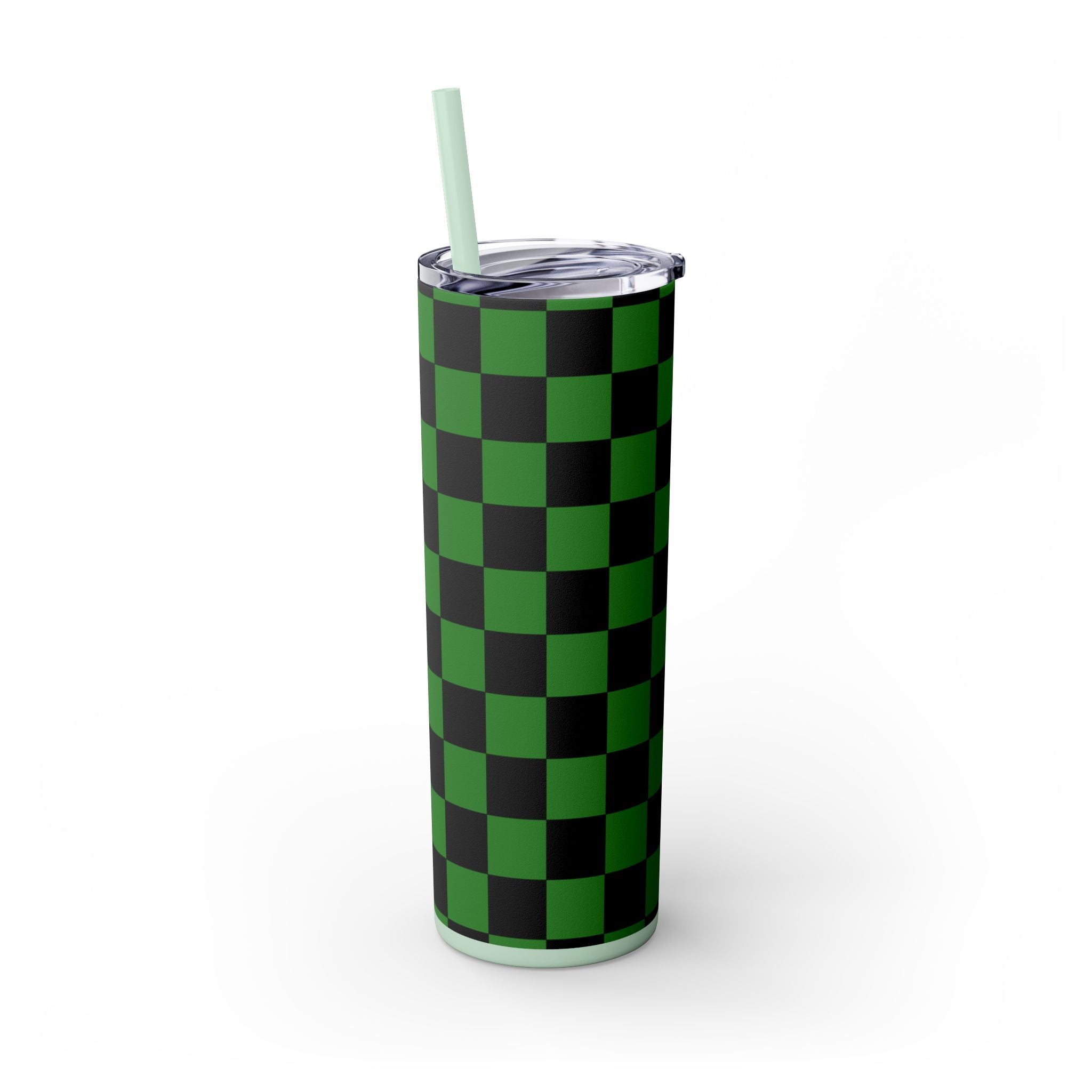 Checkerboard Green and Black Skinny Tumbler with Straw, 20oz, Artsulli - Art is Long, Life is Short, Mug, , , , , , , 
