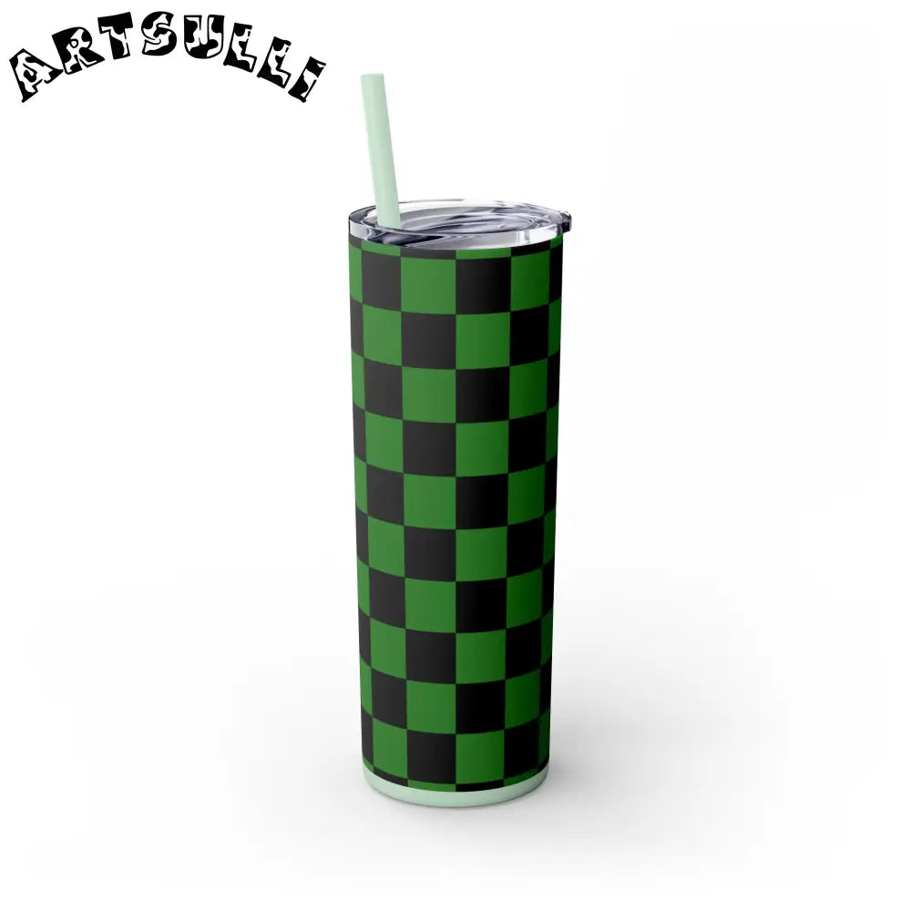 JAKKOUTTHEBXX Checkerboard Green and Black Skinny Tumbler with Straw