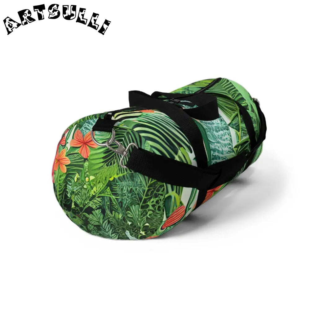 JAKKOUTTHEBXX Tropical Leaf and Flower Print Duffel Bags with Black