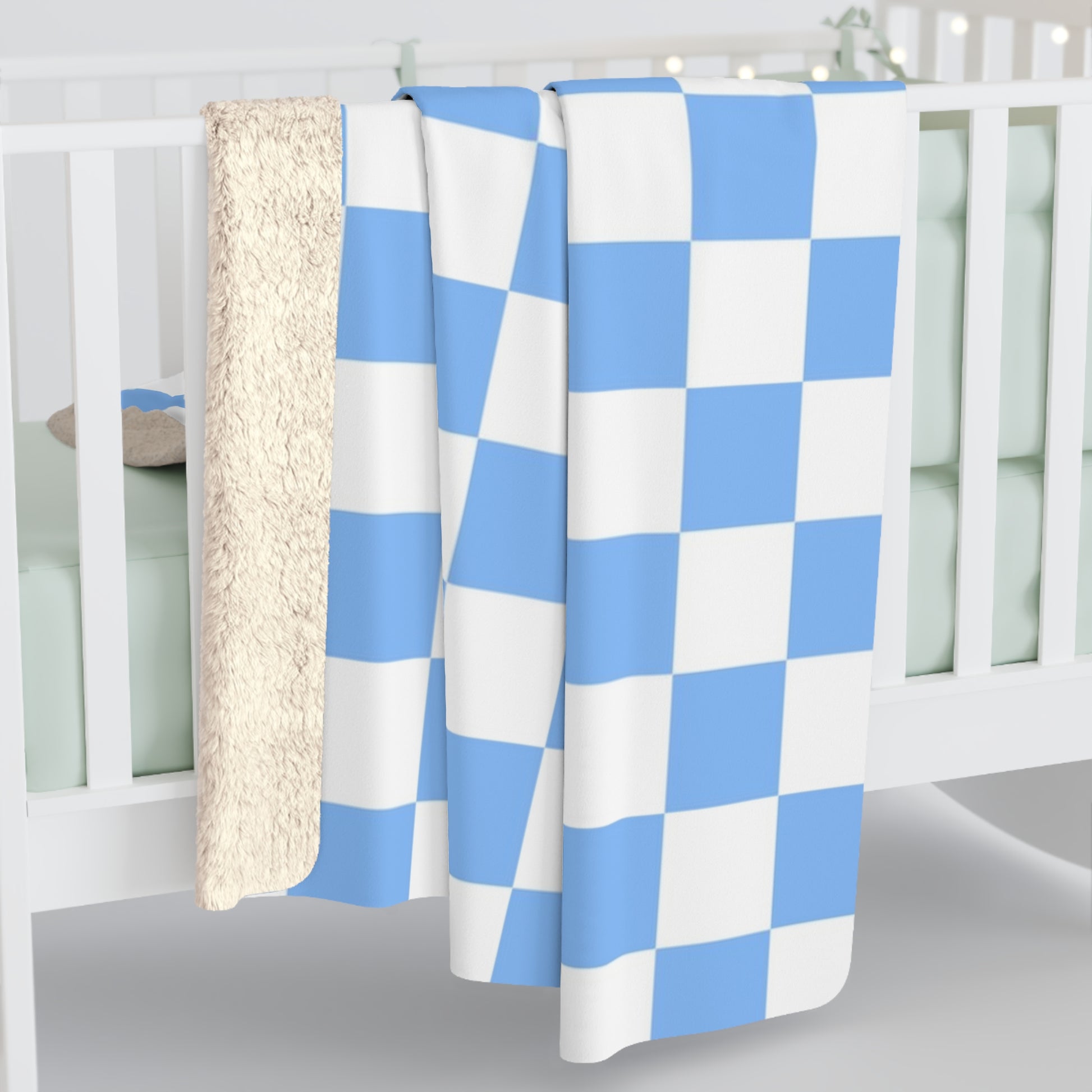 Checkerboard White and Light Blue Sherpa Fleece Blanket, Artsulli - Art is Long, Life is Short, Home Decor, , , , , , , 