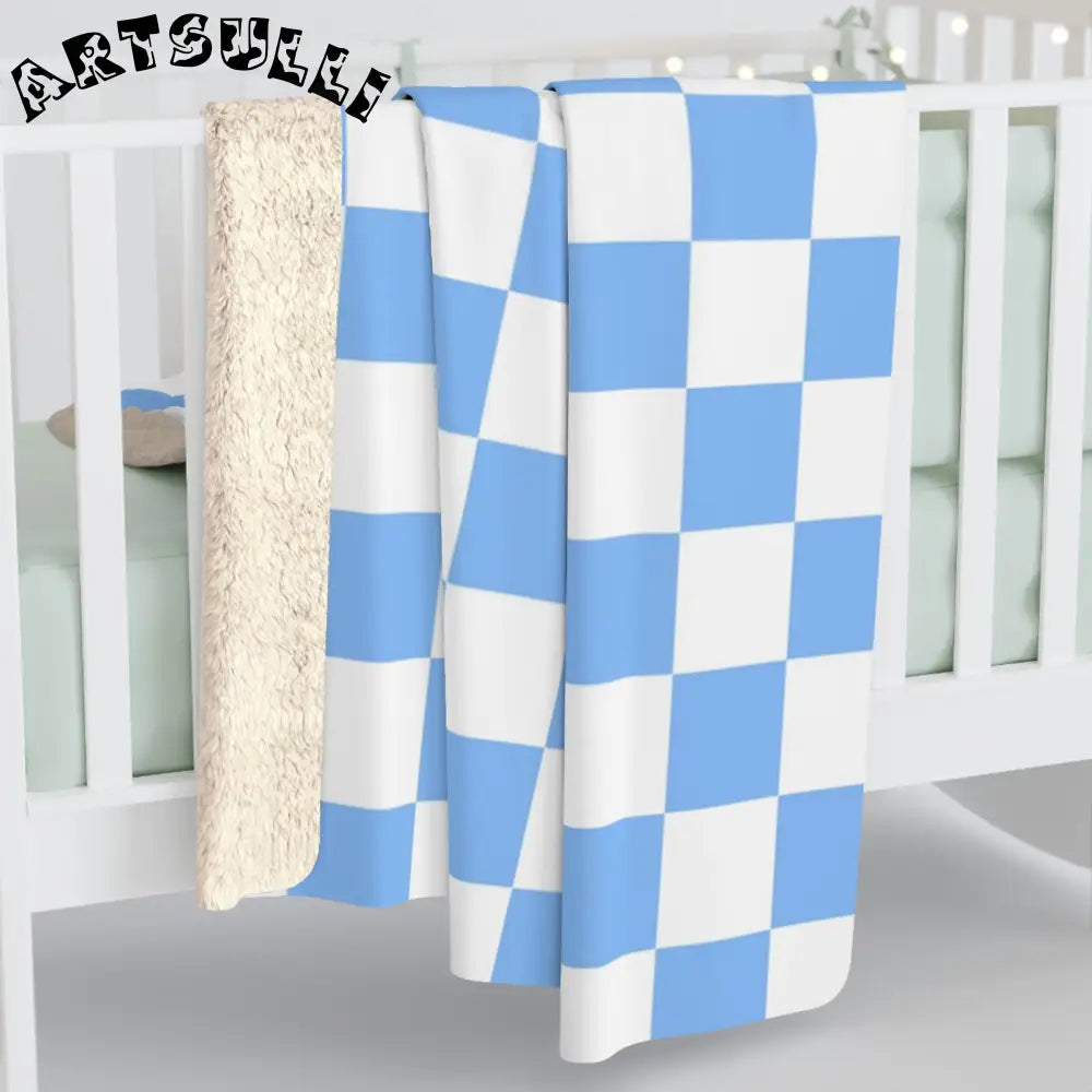 JAKKOUTTHEBXX Checkerboard White and Light Blue Sherpa Fleece