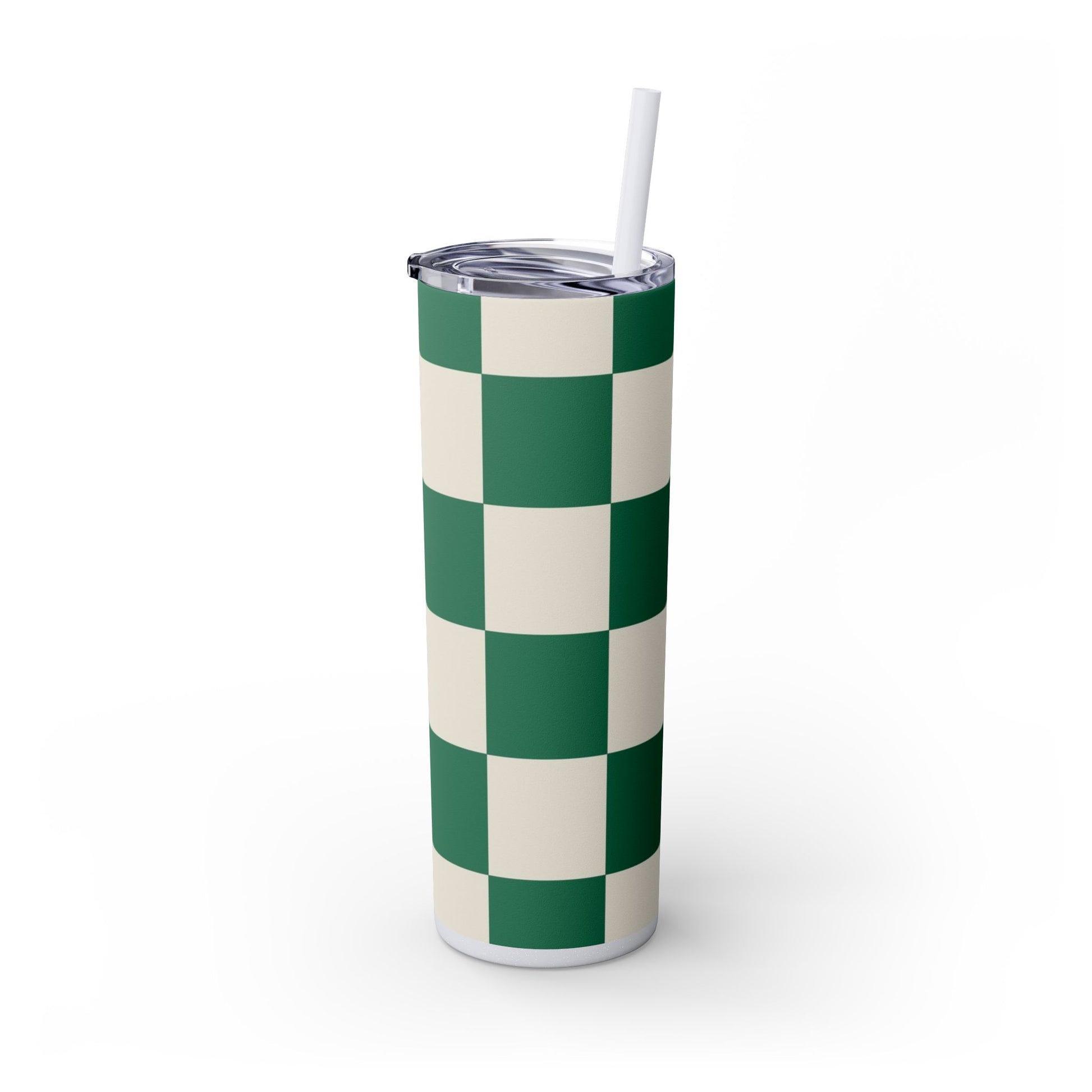 Checkerboard Dark Green Skinny Tumbler with Straw, 20oz, Artsulli - Art is Long, Life is Short, Mug, , , , , , , 